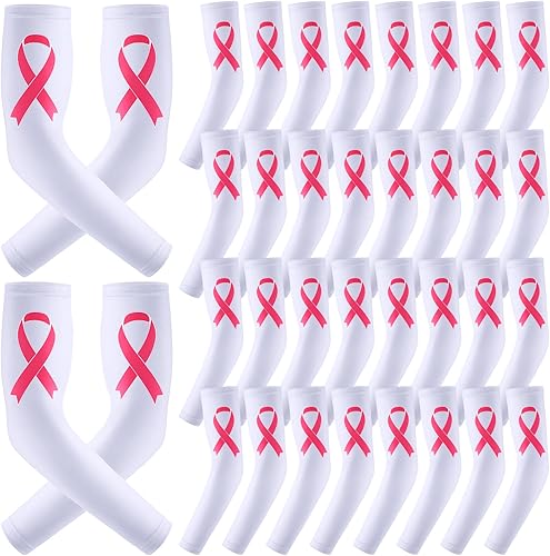 Zhehao 18 pares de mangas de concientización sobre el cáncer de mama, mangas de compresión para brazos con cinta rosa, mangas de compresión para