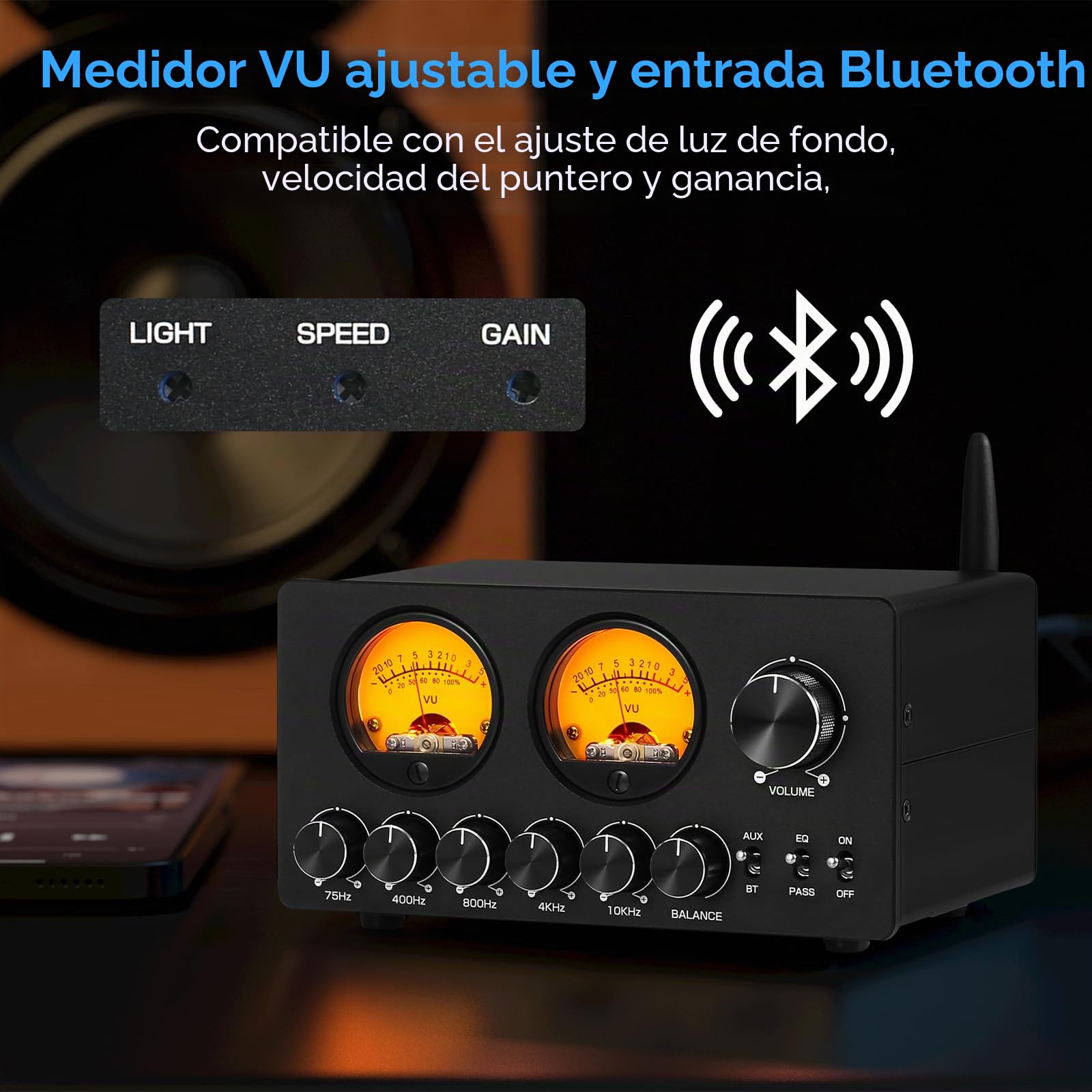 Douk Audio Ecualizador de 5 Bandas Bluetooth EQ Preamplificador para Estéreo Doméstico/Altavoz de Computadora/Amplificador con Medidor VU (EQ5 PRO)