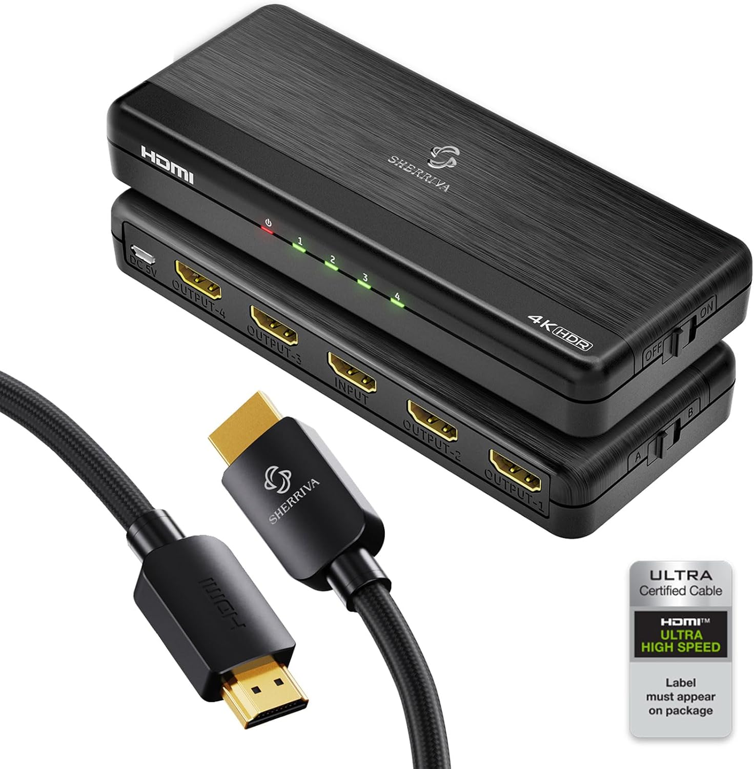 4K HDMI Splitter 1 in 4 Out Audio Video Distributor - 6.6 ft HDMI Cable 2.0 4K@60Hz, Duplicate/Mirror 4K & 1080p Screens