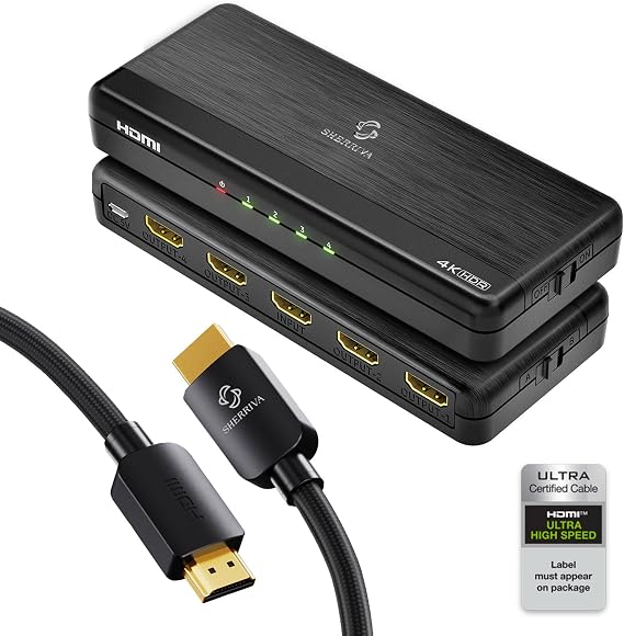 4K HDMI Splitter 1 in 4 Out Audio Video Distributor - 6.6 ft HDMI Cable 2.0 4K@60Hz, Duplicate/Mirror 4K & 1080p Screens