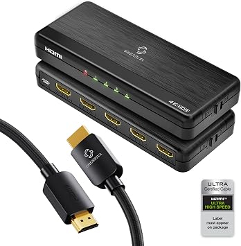 4K HDMI Splitter 1 in 4 Out Audio Video Distributor - 6.6 ft HDMI Cable 2.0 4K@60Hz, Duplicate/Mirror 4K & 1080p Screens