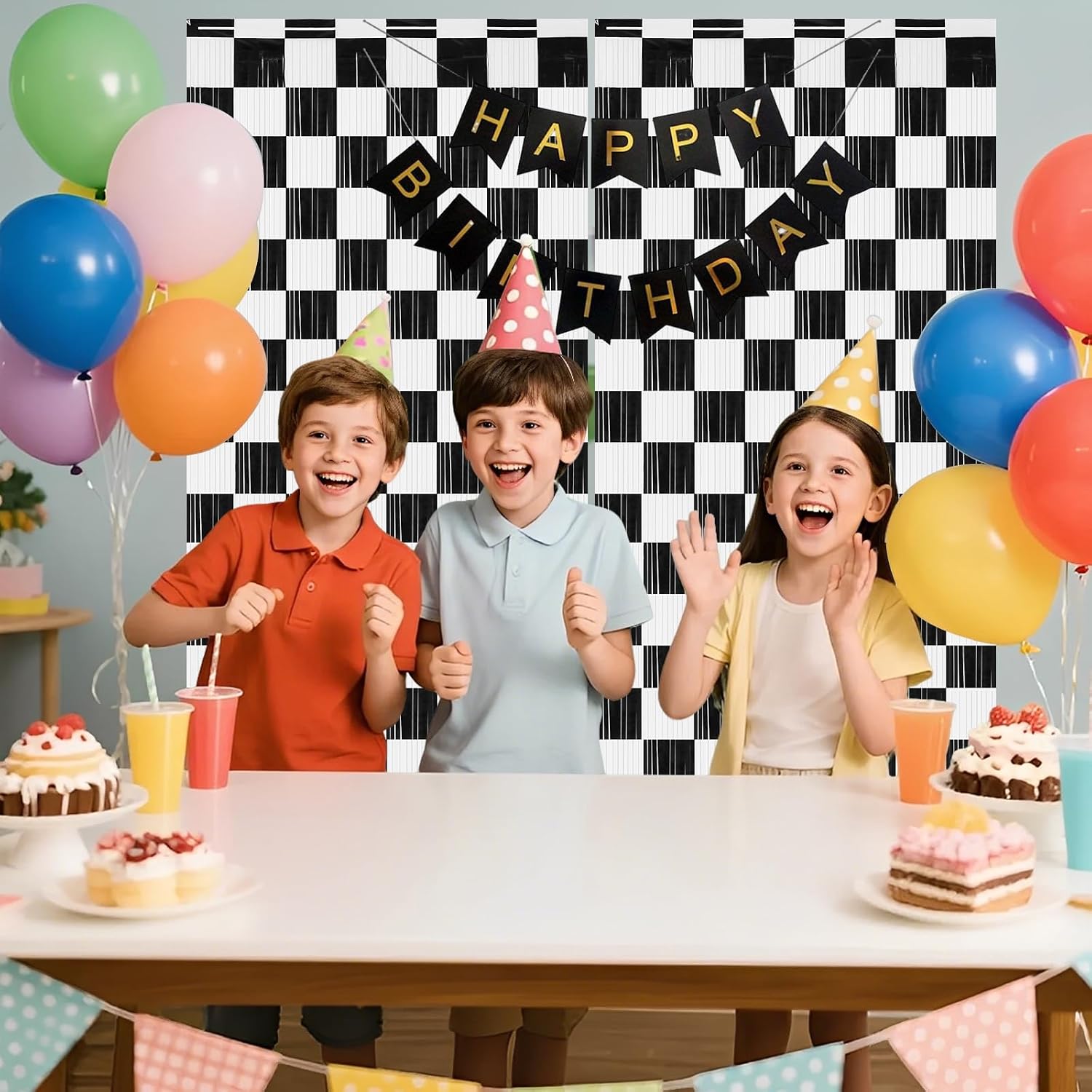 PintreeLand 2PCS Race Car Foil Fringe Curtains 3.28x6.56 Ft, Black and White Checkered Party Backdrop Streamers Decorations, Photo Booth Props