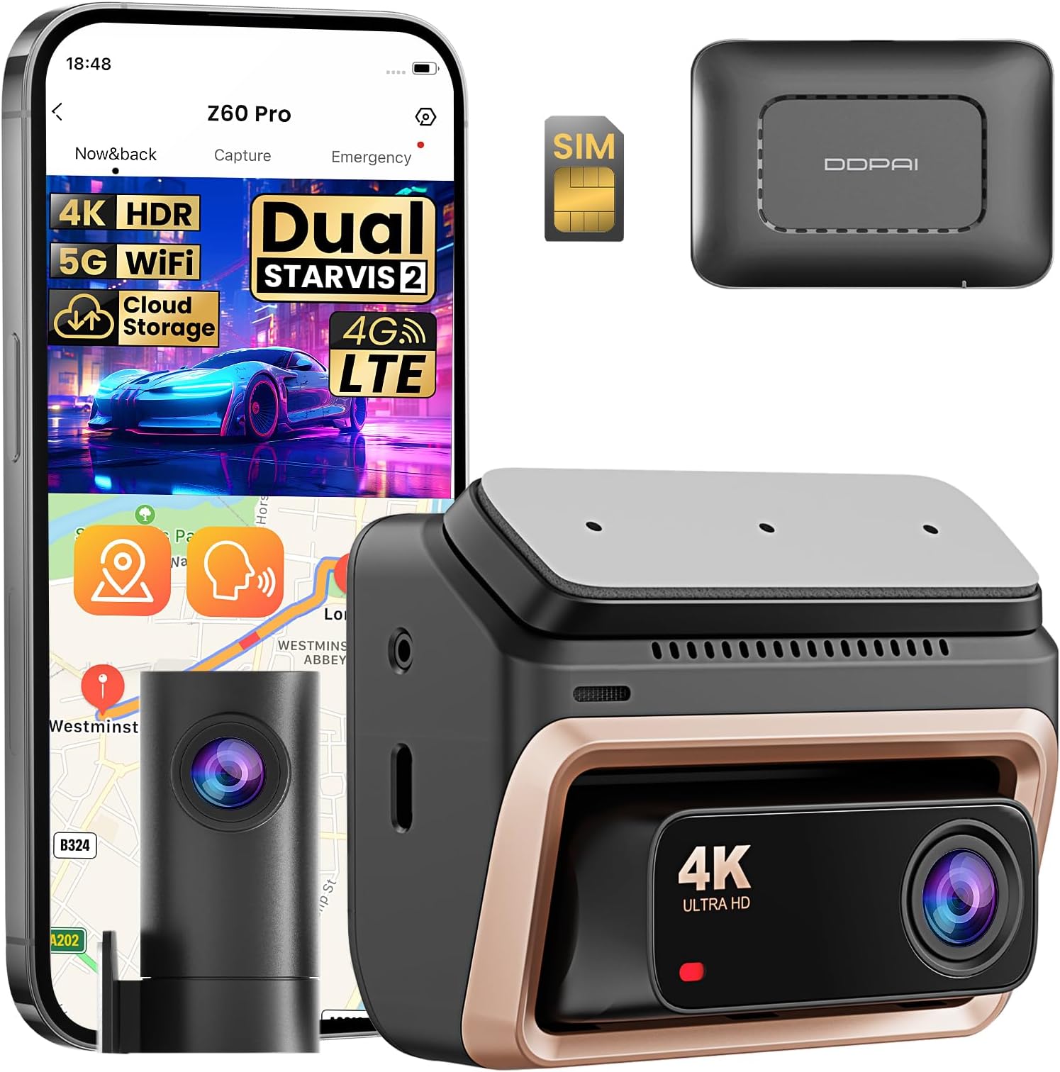 Dash Cam Z60 Pro 4G LTE with SIM Card Hardwire Kit Set