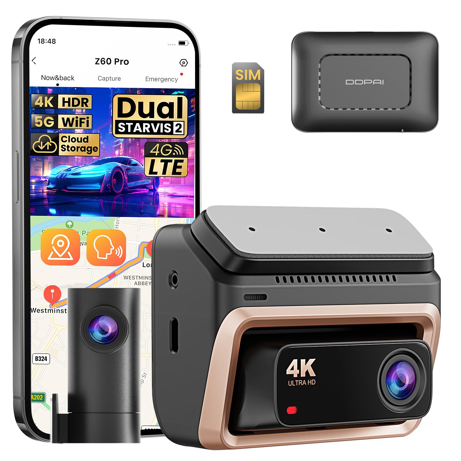 ddpaiDash Cam Z60 Pro 4G LTE with SIM Card Hardwire Kit Set