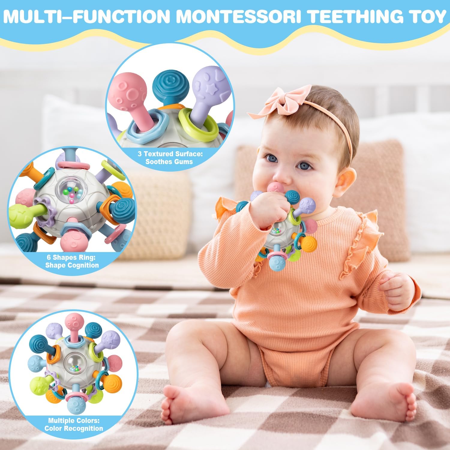 Baby Toys 6-12 Months, 6 in 1 Montessori Toys for 1 Year Old, Soft Infant Sensory Teething Toy, Stacking Cups & Blocks, Shape Sorter Blocks, Finger Puppets, Tissue Box Toy for Toddler 0-3-6-9-12 M+