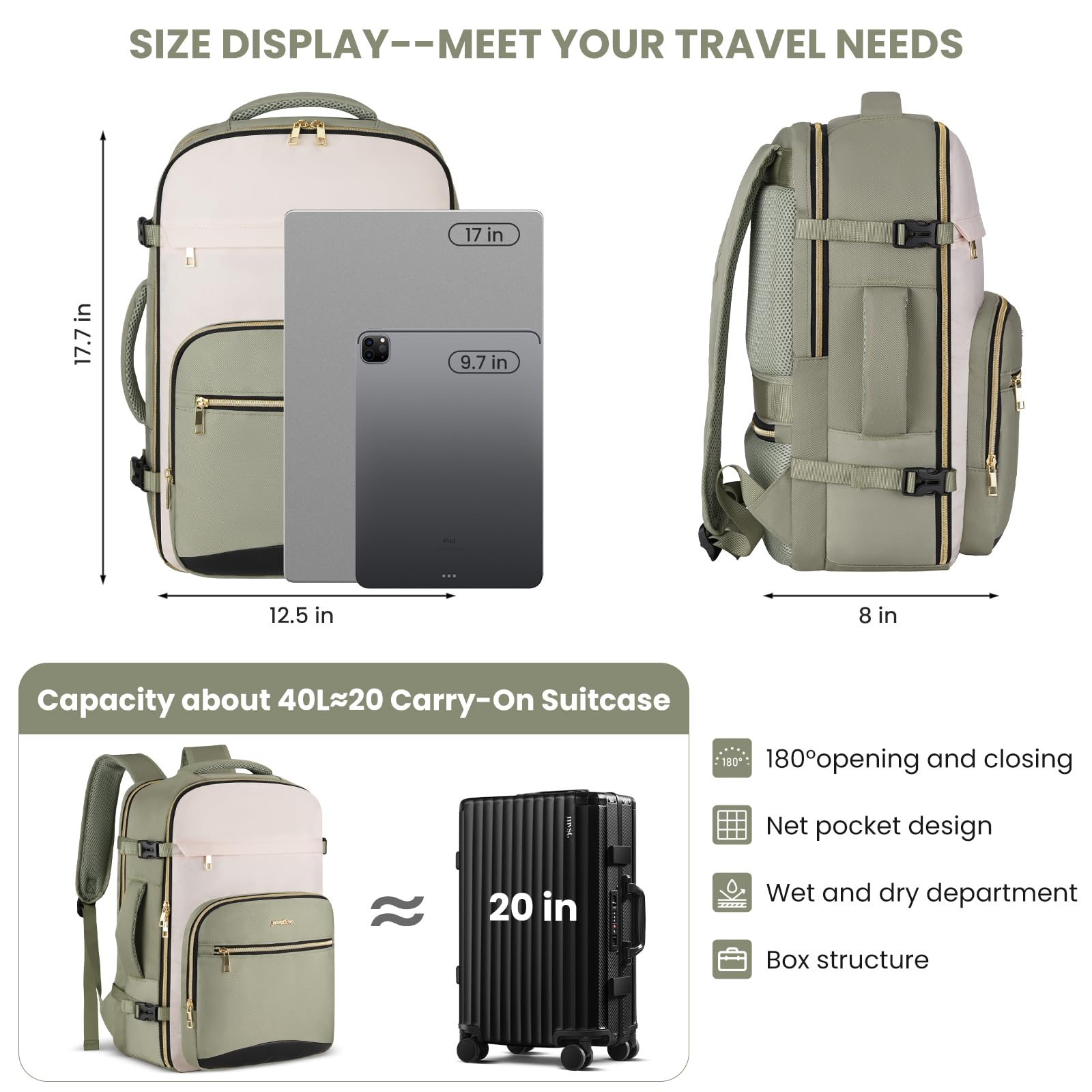 YAMTION Sac à dos de voyage cabine femme Vert avec 4 cubes de rangement, sac de week-end adapté aux vols, idéal pour les affaires, la randonnée, le travail, l'école et les études