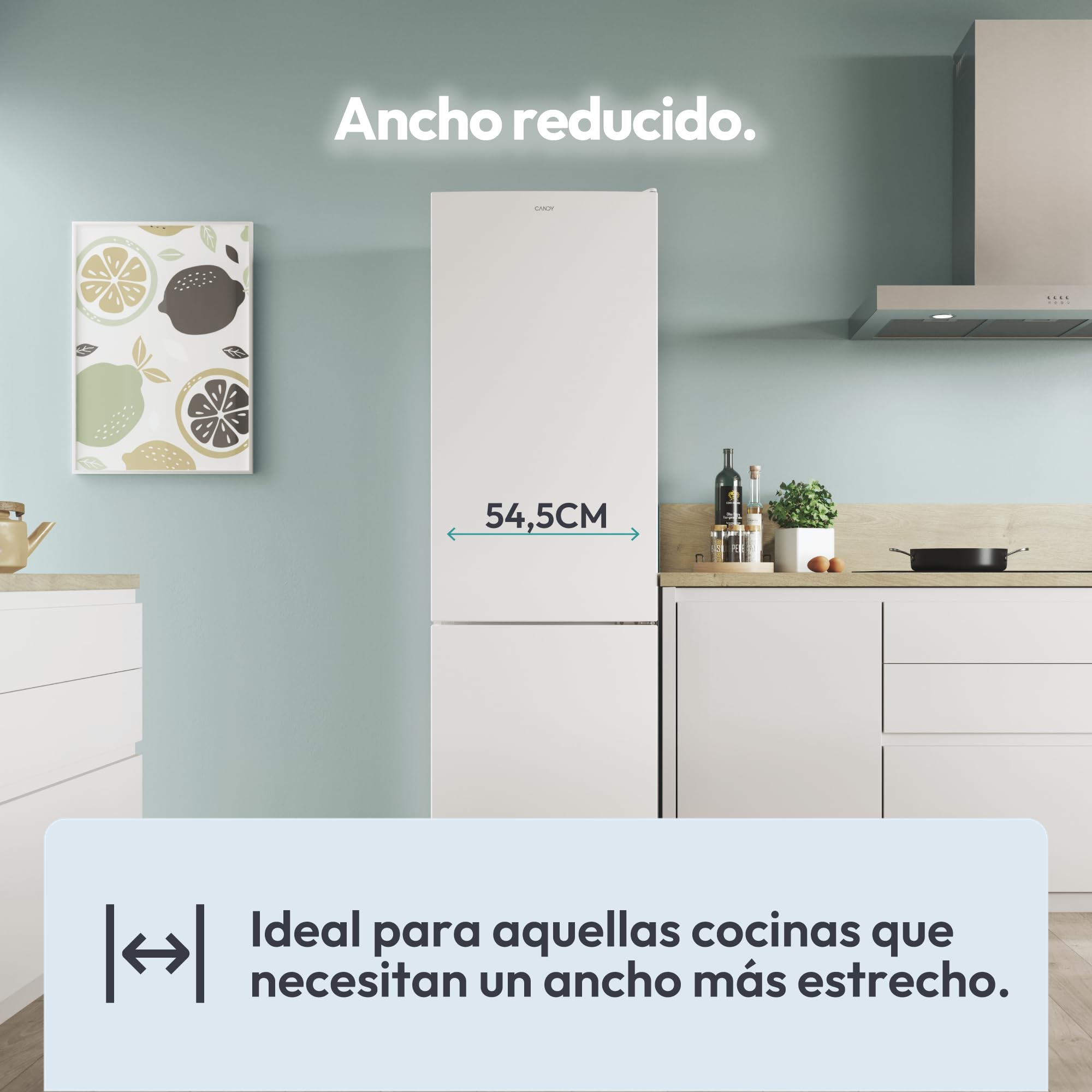 CANDY CCT3L517EW, Frigorífico Combi, 55CM, Altura 1,77m, 260L, Low Frost, Función SuperCool, Cajón Verdulero, Control electrónico interno, LED, Puertas Reversibles, 39DB, Clase E, Blanco