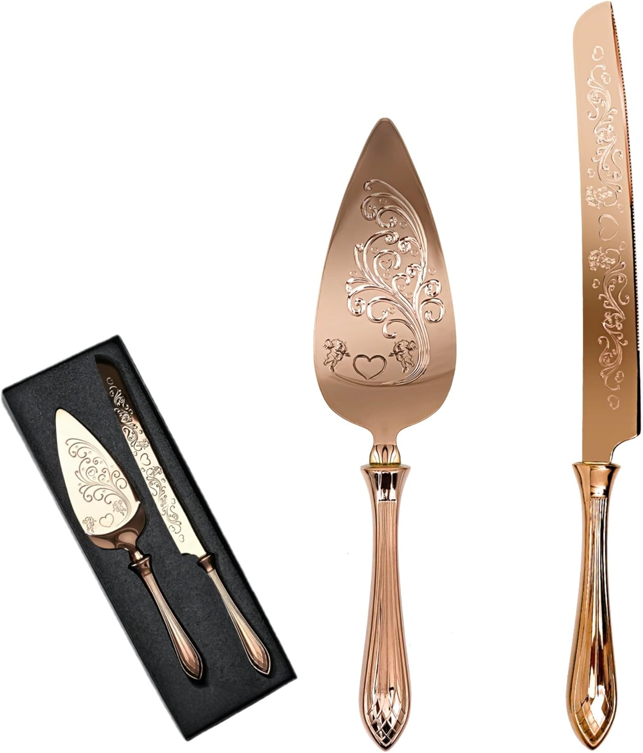 KSENDALO Wedding Cake Knife and Server Set, Rose Gold Serrated Knife Cake Cutting Set, Deluxe SUS304 Stainless Steel for Weddings, Birthdays & Anniversary (13.78inch Long)