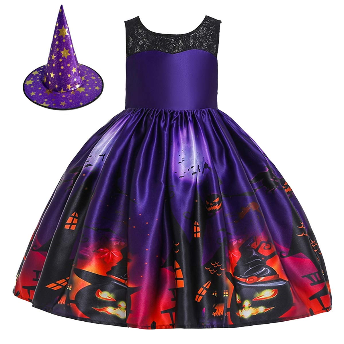 MYRISAM Kids Girls Halloween Costume Dress w/Witch Hat Ghost Pumpkin Skull Printed Fancy Dress Up Cosplay Party Outfits