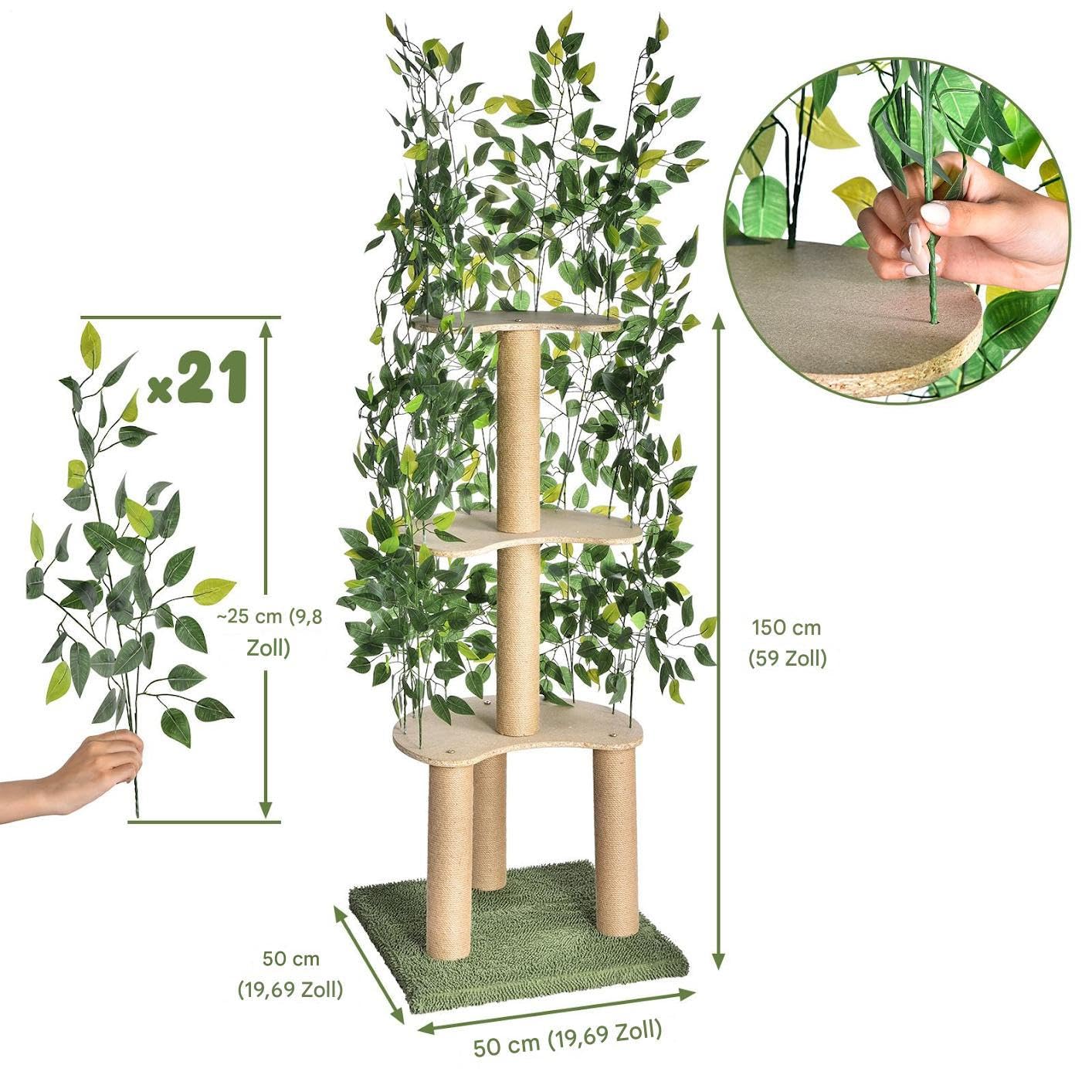 Tiragraffi con foglie e telaio in legno, 150 × 50 × 50 cm – stabile albero per gatti a più piani con palo in sisal, design moderno per casa, gioco e relax