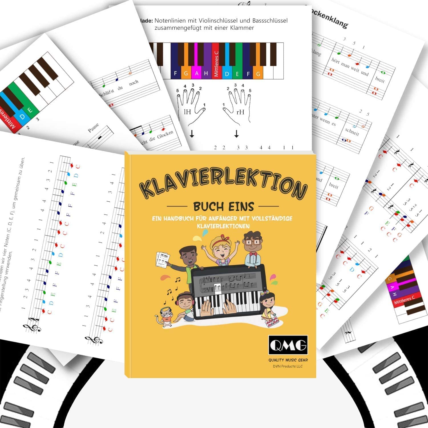 Klavier- und Keyboard-Notentabelle, kompletter Klaviermusikunterricht mit Farbnoten, Handbuch 1 und Handbuch 2 für Kinder und Anfänger