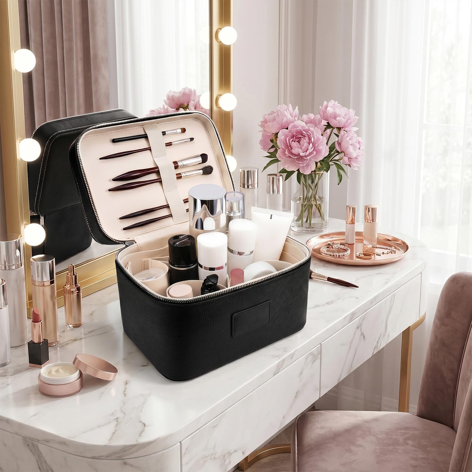Trousse de toilette, trousse de maquillage pour femme, trousse de maquillage de grande capacité et deux niveaux, trousse de toilette de voyage avec compartiments et poignées, Noir
