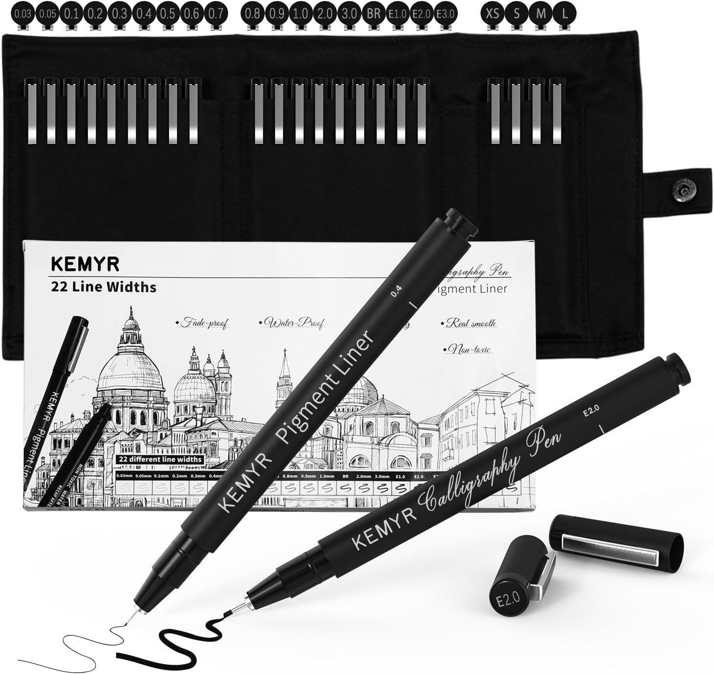 KEMYR Fineliner Set,Pigmentliner mit wasserfester Pigmenttinte,dokumentenecht,für Manga,Comic,Illustration,technisches Zeichnen und Kalligraphie,mit Aufbewahrungstasche