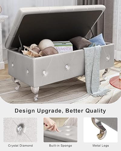 Miniatura 5 de Lamerge Banco de almacenamiento de 37 pulgadas, banco otomano de almacenamiento de piel sintética con patas de metal, otomana ovalada para entrada,