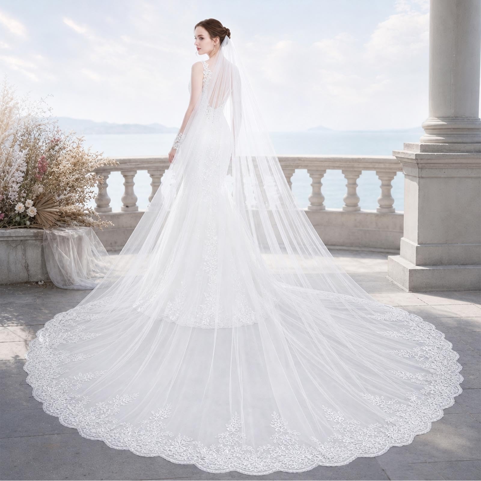 Velo da Sposa in Stile Chiesa con Bordo in Pizzo, Accessorio per Matrimonio, Lungo 300 Cm, con Pettine per Capelli, Adatto A Spose E Ragazze(White)