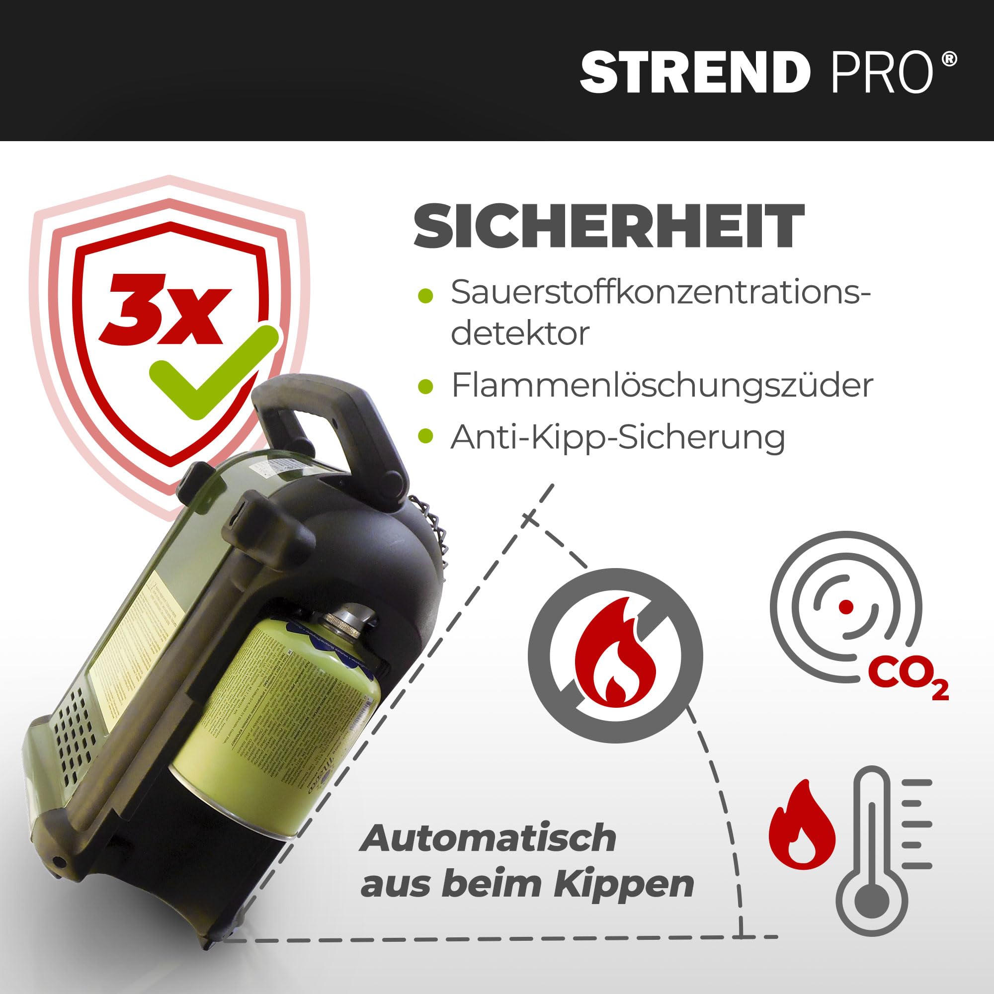STREND PRO Zeltheizung Gas 2kW | mit 1 Campinggaskartuschen | Tragbare Campinggasheizung für Innenräume, Zelt, Camping, Angeln, Jagen, Mini Gasheizung mit Sauerstoffsensor | Mobiler