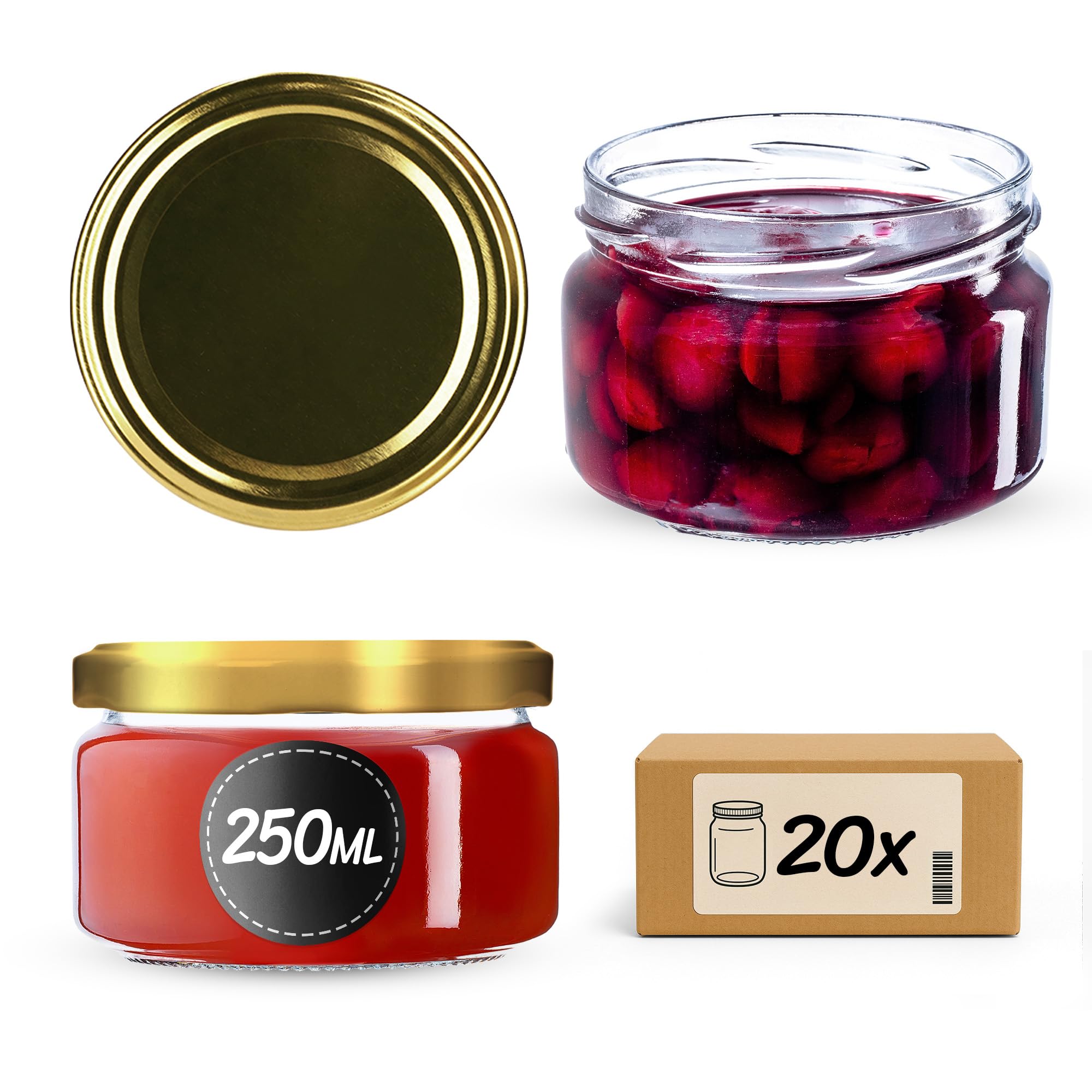 KADAX Glass Jars 250 ml, Small Preserving Jars with Metal Lids for Homemade Jam, Marmalade and Honey, Jars for Storing Spices and Herbs (Gold Lids, Set of 20)