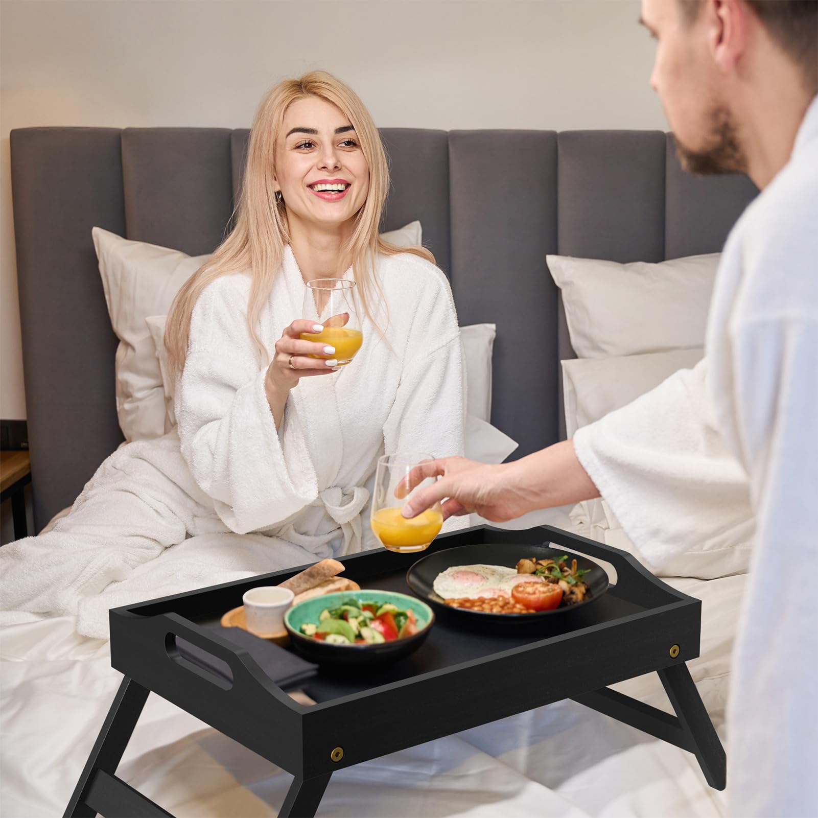 Mayyol Plateau de petit-déjeuner pour manger – Table pliable pour ordinateur portable – Plateau de service surélevé portable en bambou – Plateau de collation avec pieds pliants, manger pour chambre,