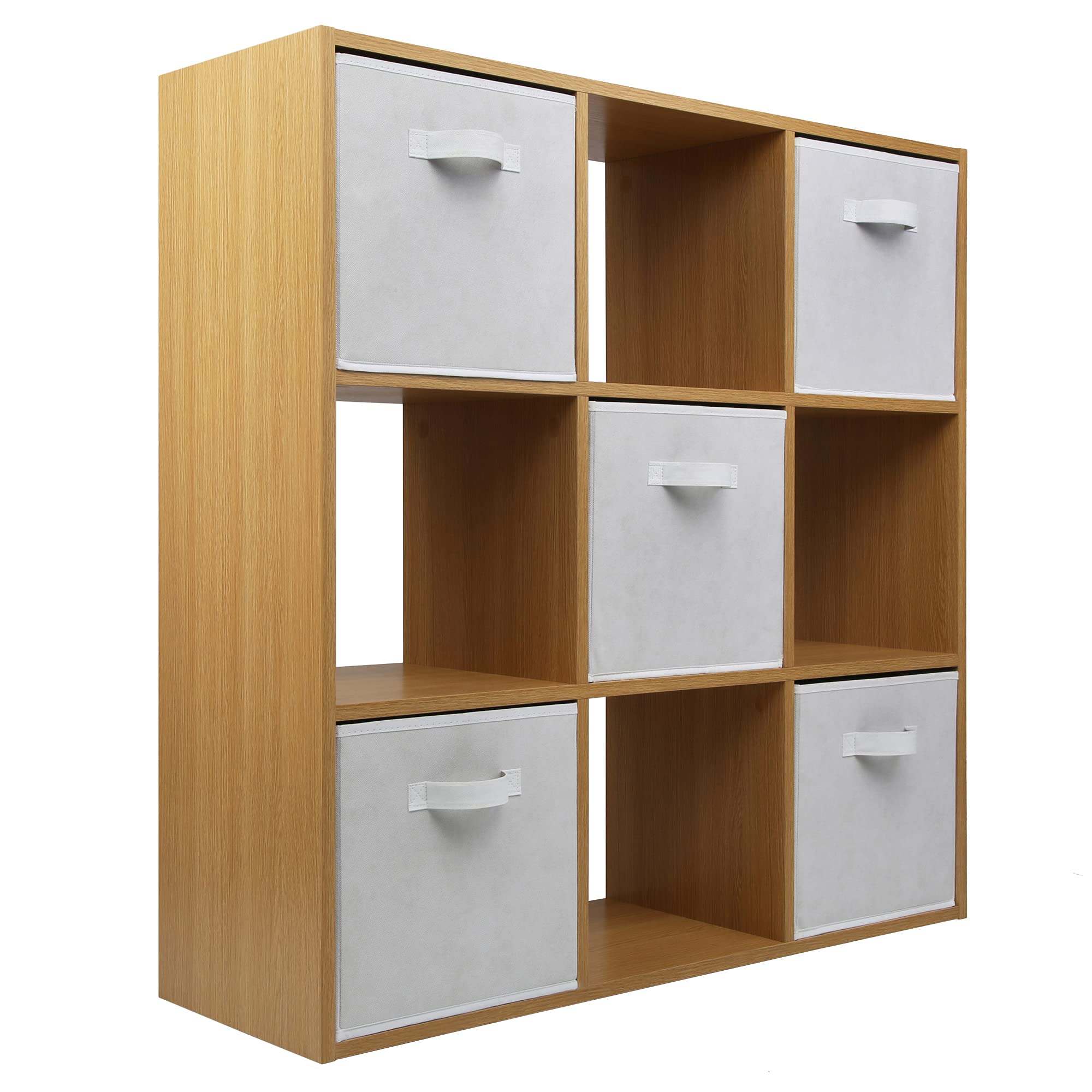 Charles Jacobs Oak 9 Cube Storage Shelving Unit + 5 White Fabric Drawers