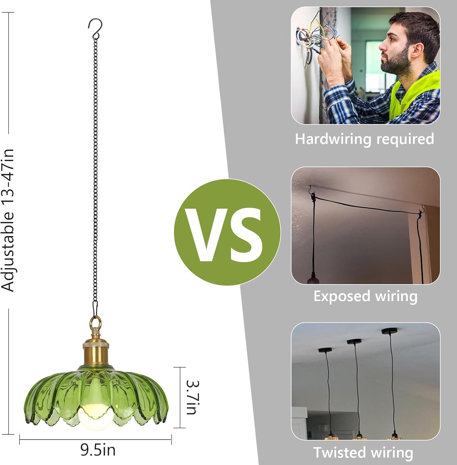 HMVPL Battery Operated Chandelier with Hook, Outdoor Battery Operated Pendant Light with Remote, Rechargeable Bulb, Green Outdoor Chandelier for Porch, Wireless Dimmable Gazebo Lamp for Patio Pergola