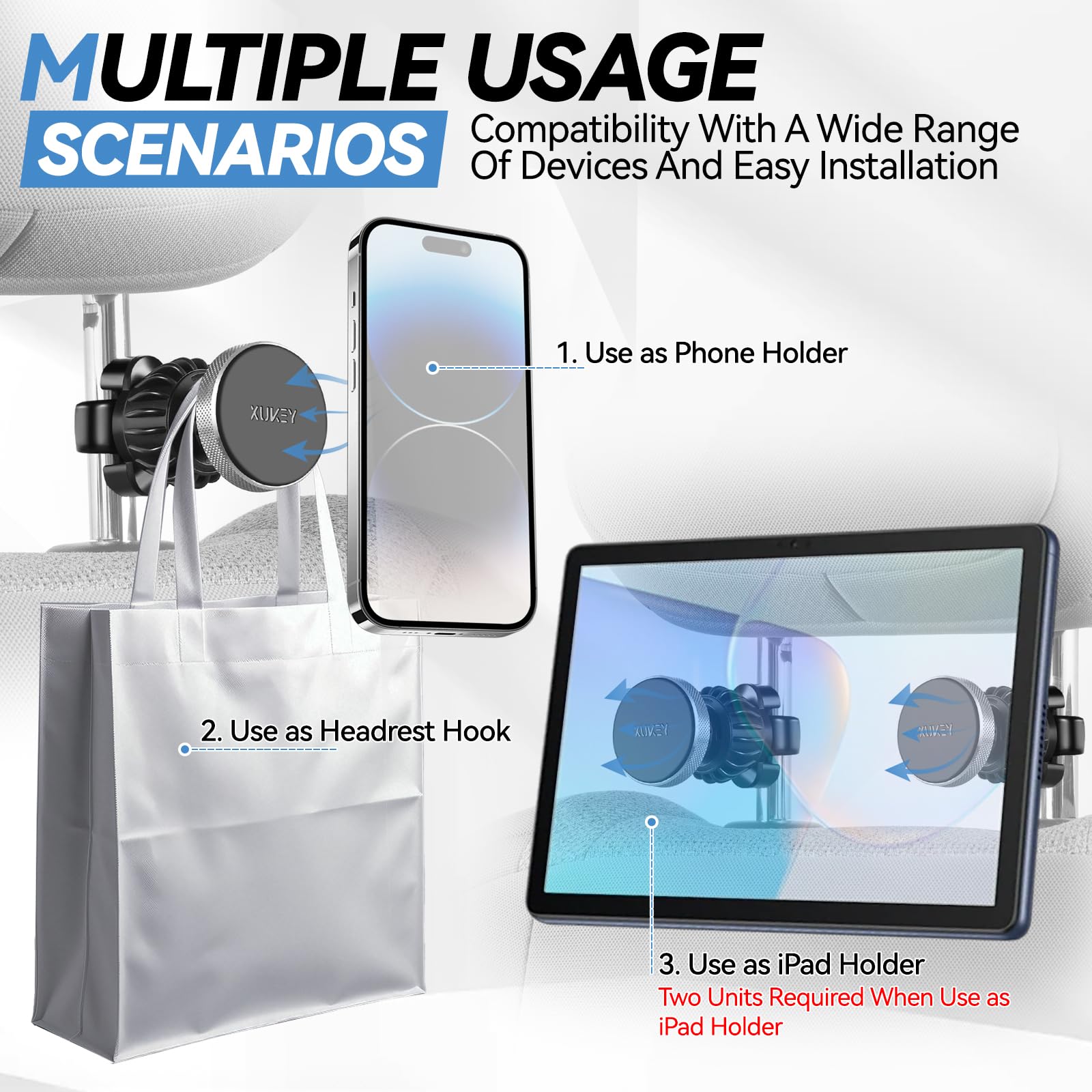 XUKEY Supporto per Tablet da Auto Magnetico per Poggiatesta, 2 in 1 Supporto per Tablet da Poggiatesta per Auto, SupportI per Borsa Rotazione a 360° Gancio Universale per Seggiolino