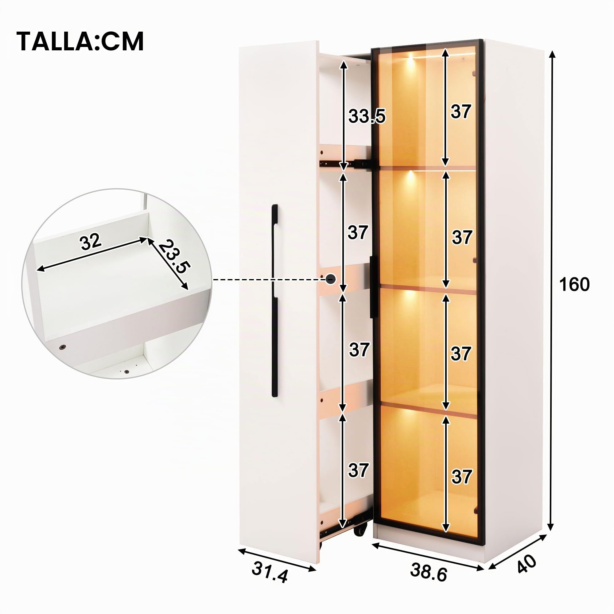 Soweiz Estantería y vitrina multifunción de 160 cm de alto con puertas de cristal templado, marco de puerta de aluminio, 1 puerta, 1 cajón lateral, con ruedas e iluminación LED