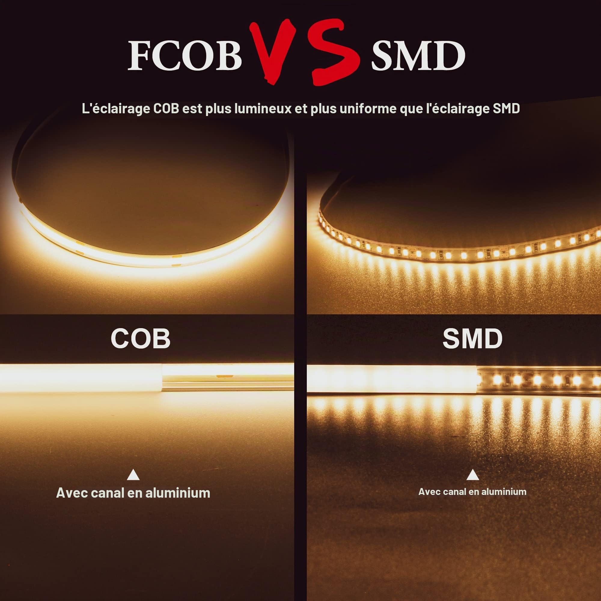 TTWAY Ruban LED COB 2700K, 5M DC24V Bande LED Blanc Chaud avec Alimentation et Télécommande, 480LEDs/M, CRI 93+, Largeur 8mm, Bande Lumineuse COB Dimmable pour Chambre, Décoration de la Maison