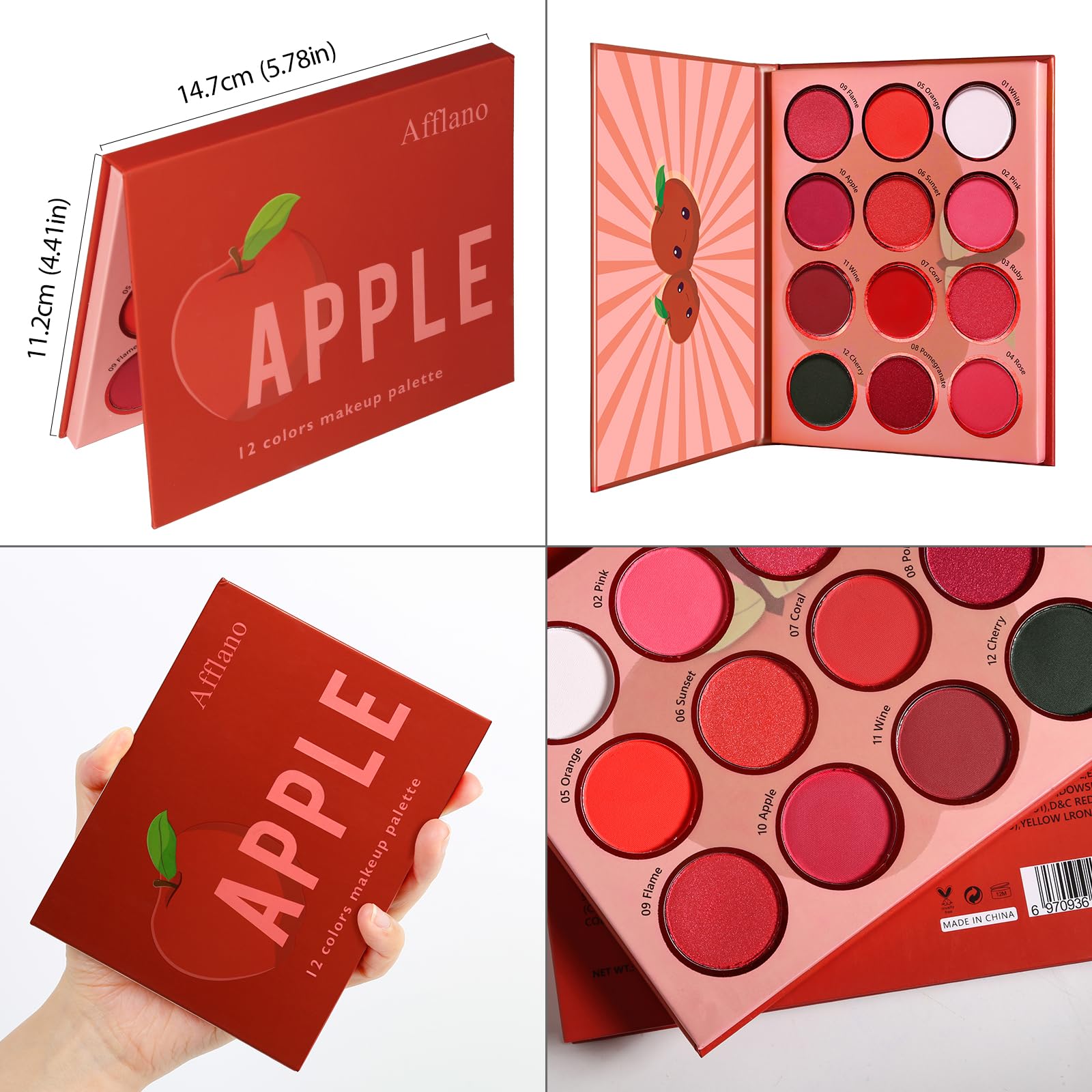 Paleta de sombras de ojos rojas, 12 colores mate brillante altamente pigmentado, paleta de maquillaje gótica roja, sombra de ojos brillante burdeos oscuro, rosa, melocotón, blanco, sombra de ojos 5