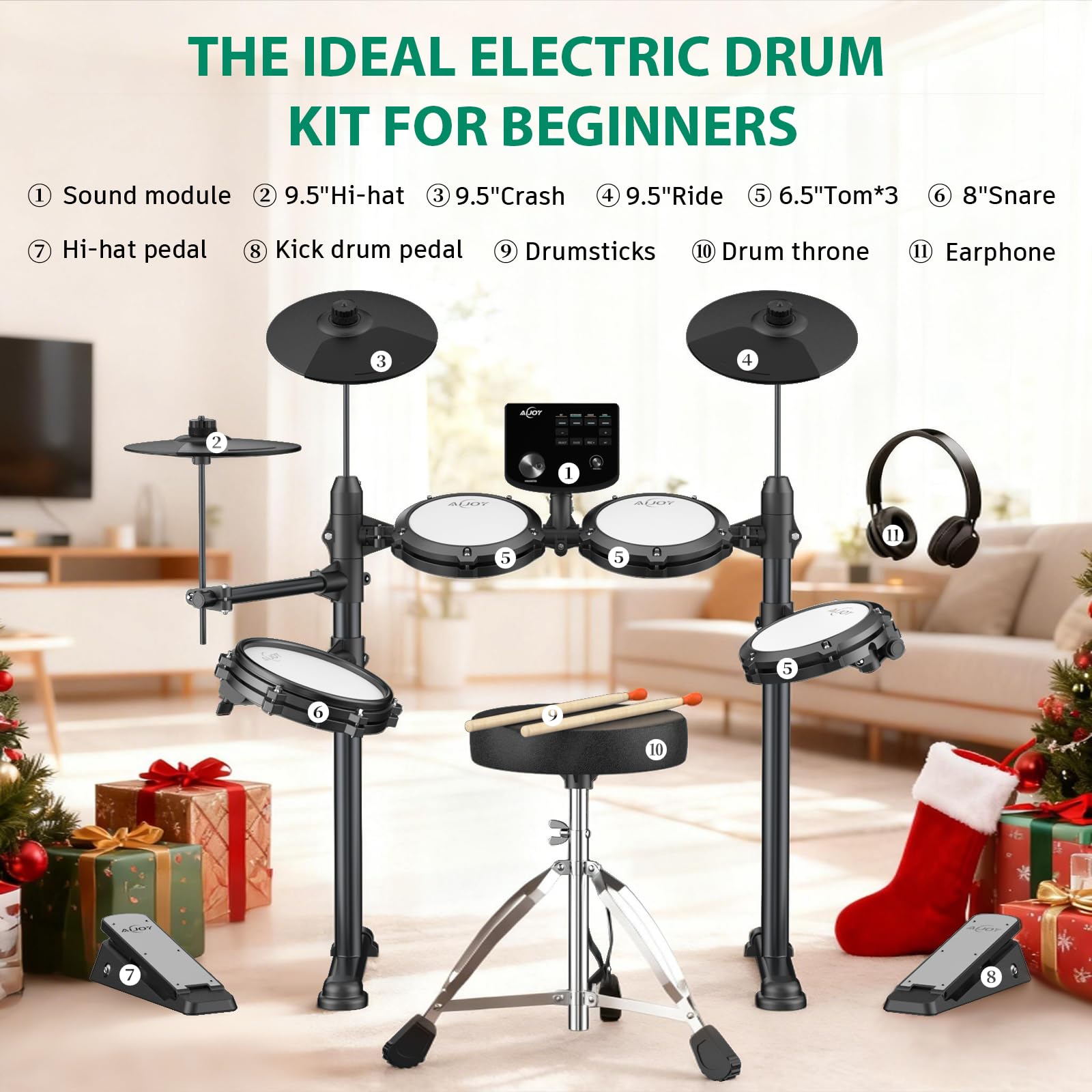 AiJoy Elektrisches Schlagzeug-Set für Anfänger – 4 leise Mesh-Pads, Dual Zone Snare, 15 Schlagzeug-Kits & 200+ Sounds, 9,5-Zoll-Becken, inklusive Thron, Sticks & Kopfhörer, perfektes Kit zum Üben