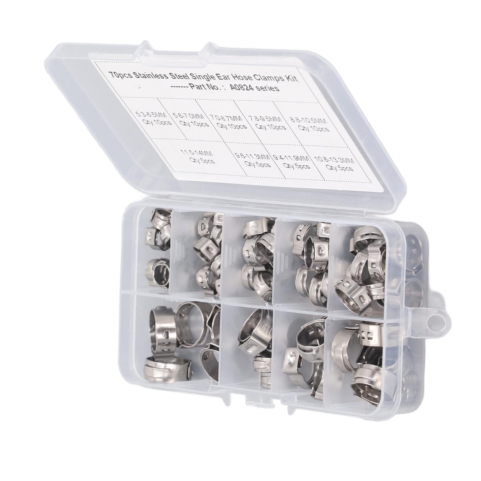 Kit de abrazadera de una sola oreja, 70 piezas de abrazadera de manguera de una sola oreja, kit de abrazadera de manguera de acero inoxidable sin escalonamiento, 9 especificaciones, kit surtido de