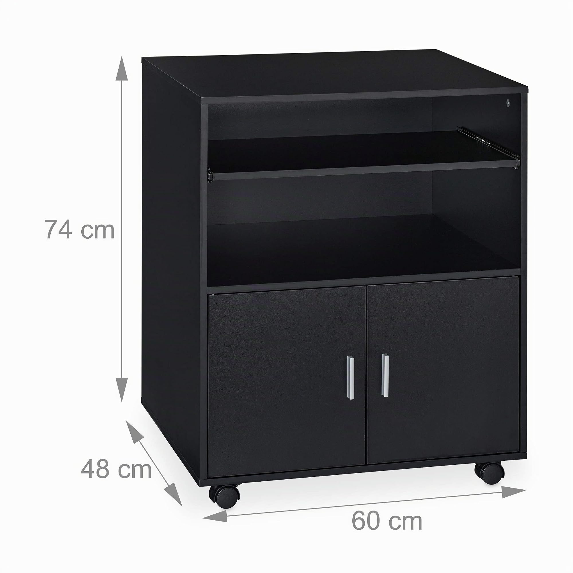 Relaxdays Carrello Porta Stampante da Ufficio, Tavolino a 2 Ripiani e Porta Tastiera, Mobile con Ruote, 74x60x48cm, Nero