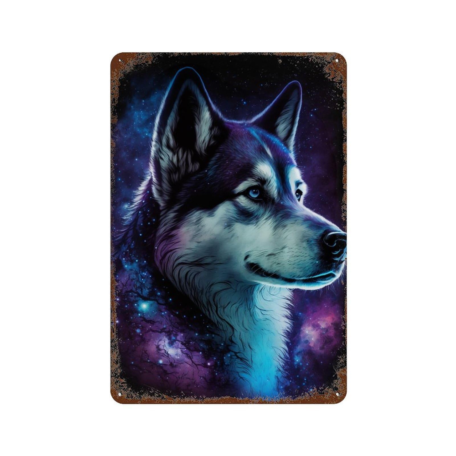Rust Effect Galactic Wolf Portrait -10 Weathered Tin Sign 11.8"x7.9", Shabby Chic Decor for Patio, Garden Room And Bar Decor