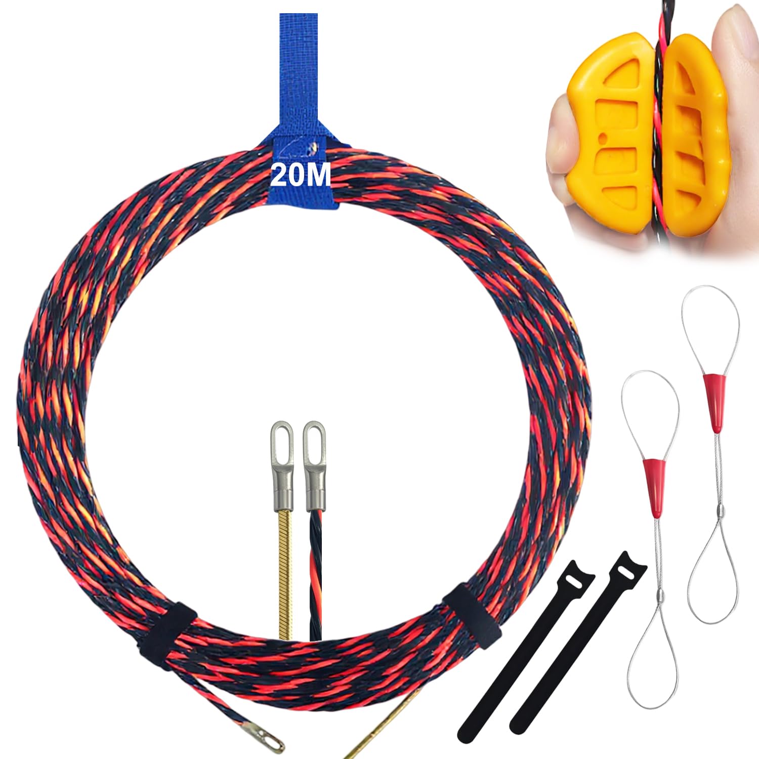 Fish Tape Cable Puller Kit 20m 4.8mm Fish Tape Power Cable Pulling Tool Through Wall Wire Guide Device Cable Pullers for Electrical Cables Retractable Draw Wire with 2 Guide Springs
