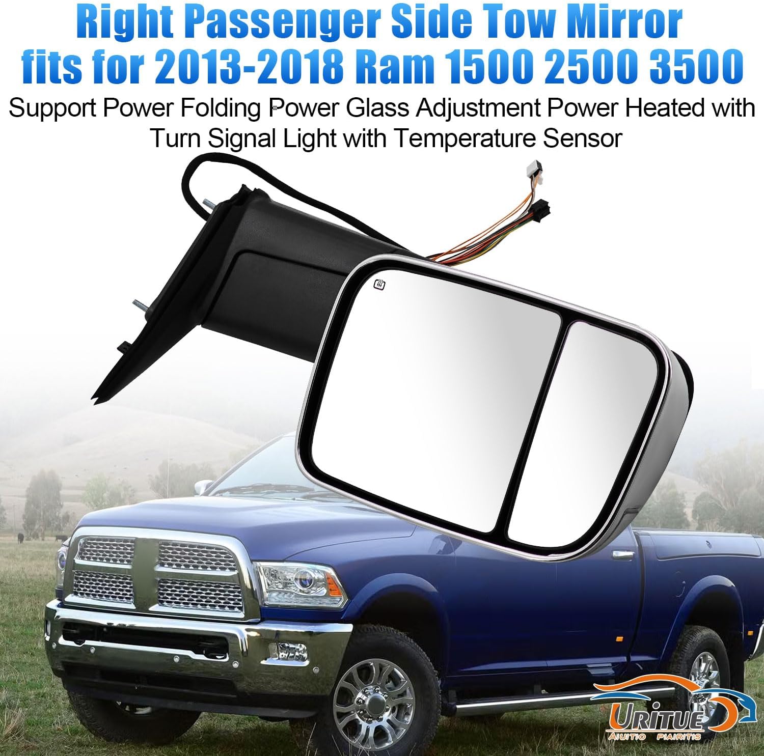 Right Passenger Side Tow Mirror Chrome Fits for 2013-2018 Ram 1500 2500 3500 Support Power Folding Glass Adjustment Power Heated with Turn Signal Light with Temperature Sensor