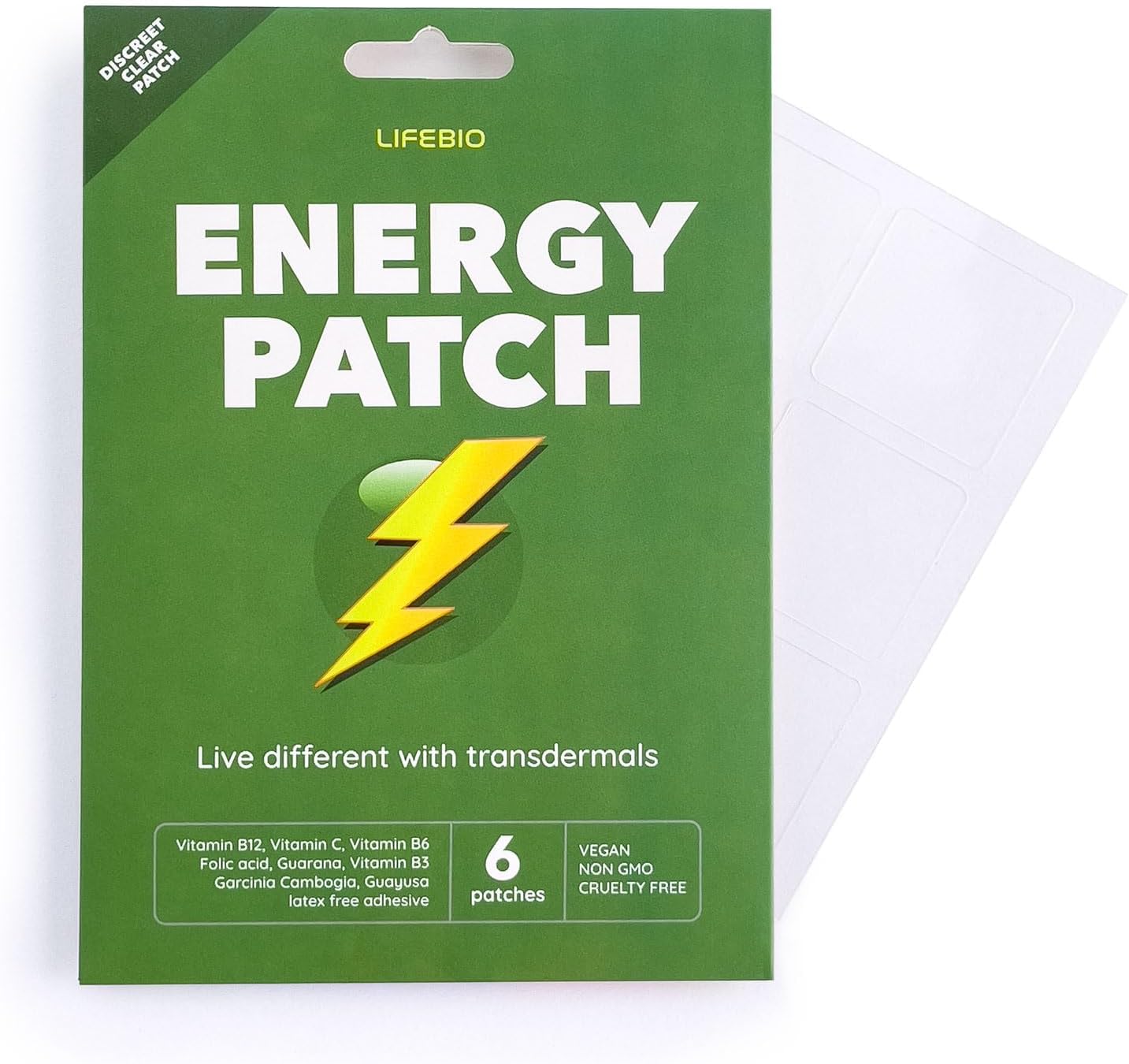 Energy Patch – Vitality Support, Vitamins B12, C, B6, Folic Acid, Workout & Recovery, with Guarana, Garcinia Cambogia, Guayusa – 6 Patches