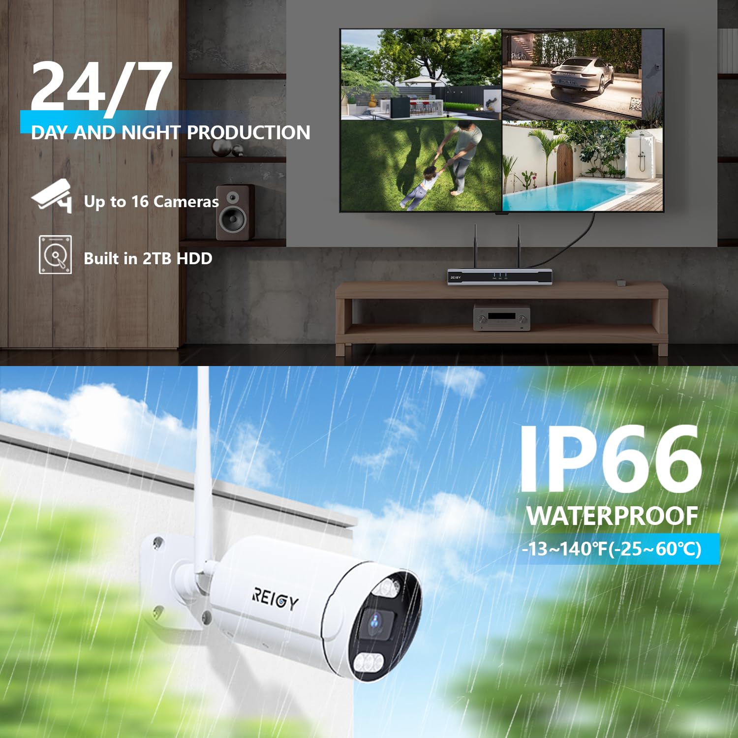REIGY 8MP Kit Camara de Vigilancia WiFi Exterior con 2TB HDD, 4K Sistema de Seguridad 4X 2160P CAM y 16CH NVR, Visión Nocturna Audio Bidireccional Detección Movimiento IP66 Impermeable