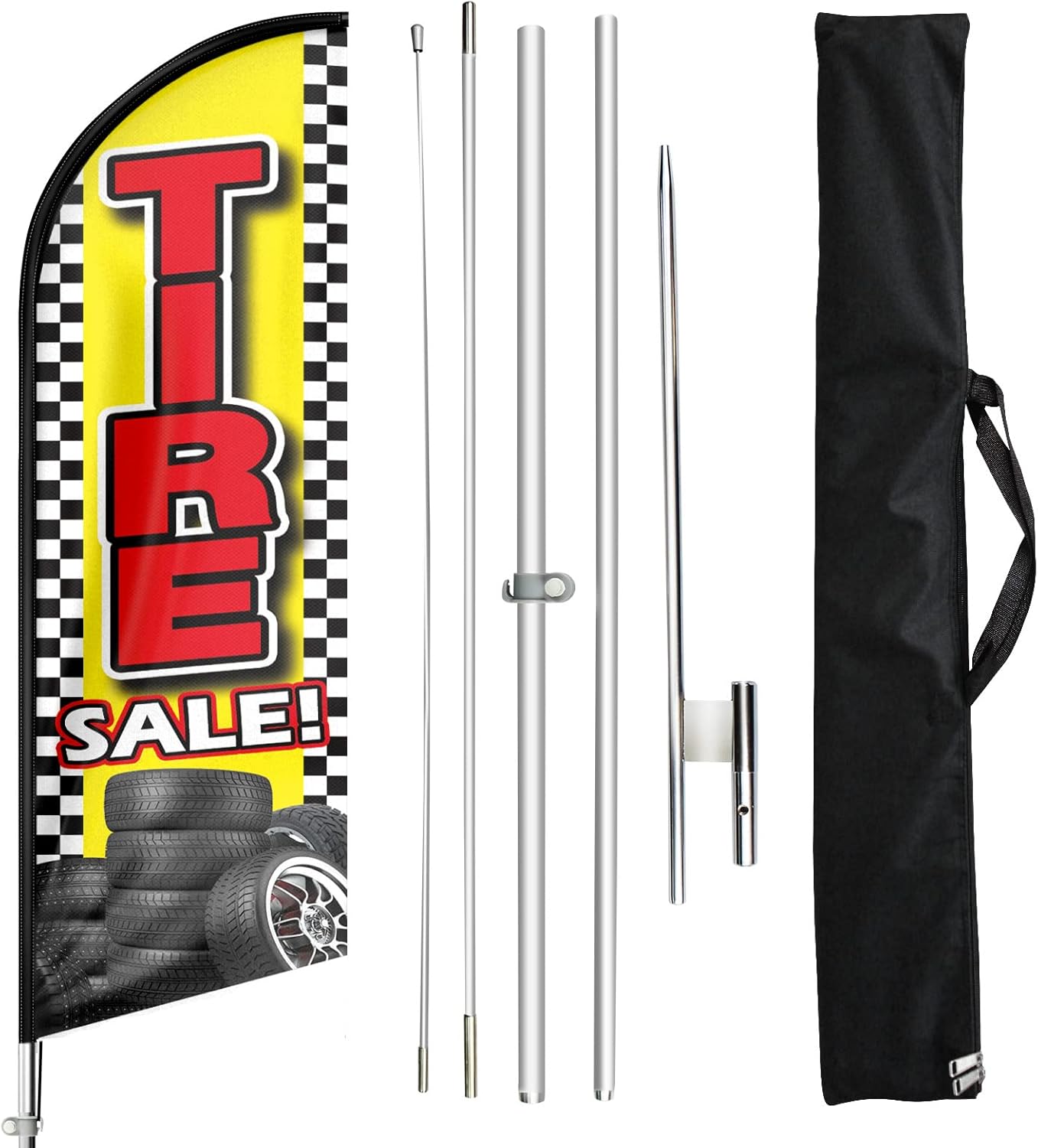 Tire Advertising Swooper Flag, Tire Sale Feather Flag Pole Kit with Ground Stake 11Ft, Advertising Swooper Business Sign Flag Pole Kit for Tires Sale (Yellow)