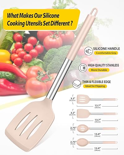 Miniatura 2 de Juego de 4 utensilios de cocina de silicona, espátulas sólidas grandes antiadherentes, cucharas ranuradas de acero inoxidable resistentes al calor,