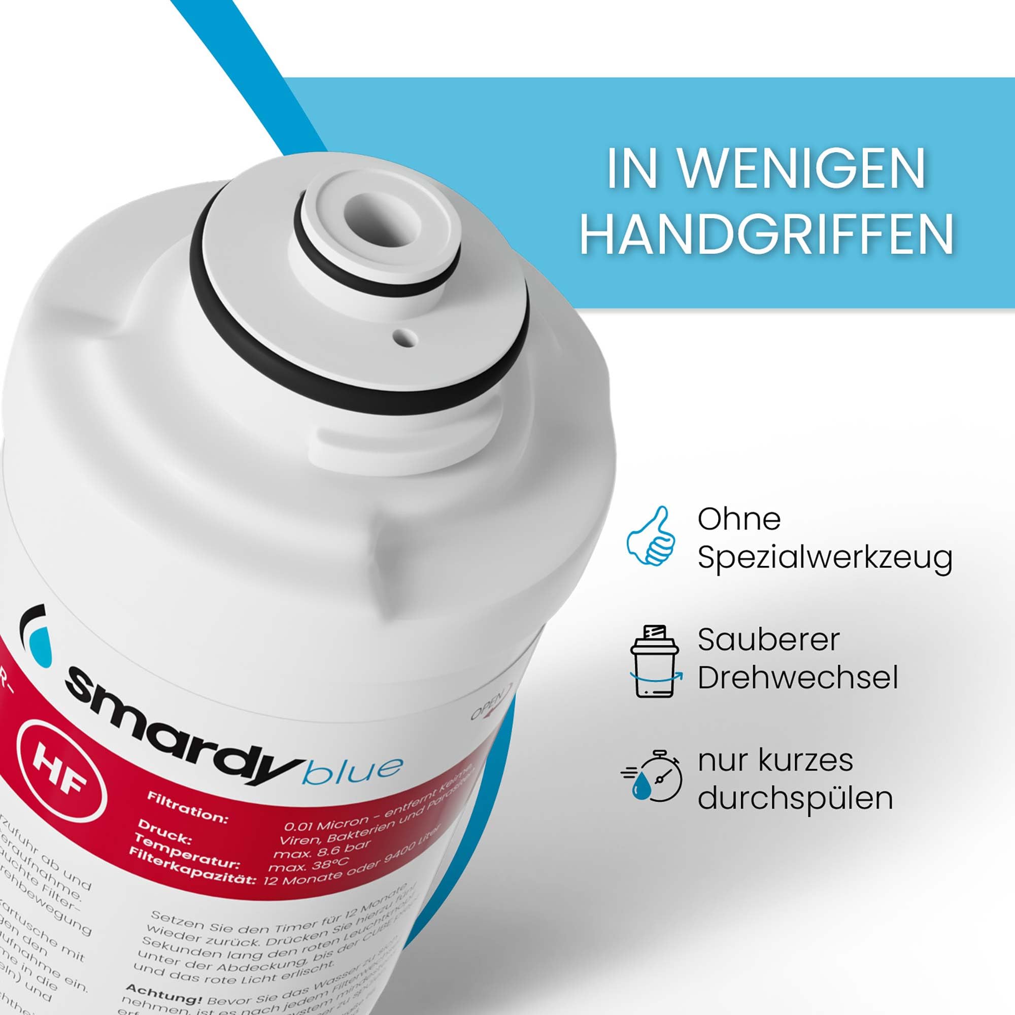 smardy blue Ersatzfilter für Quooker Cube (bis Modell 2021) – Ultrafiltration Hohlfaser-Membran 0,01 µm – 9400 Liter / 12 Monate – reduziert Bakterien, Viren & Mikroplastik