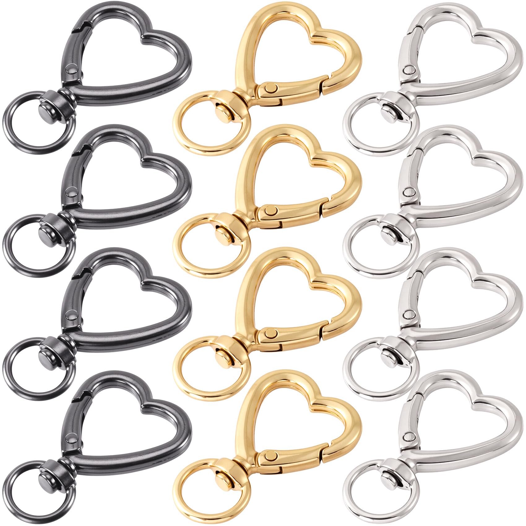 OIIKI 12PCS Heart Shape Keychain Clip, Zinc Alloy Heart Carabiner Spring Snap Hook, Cute Lobster Clasp for Keys, Bags (Silver, Gold, Black)