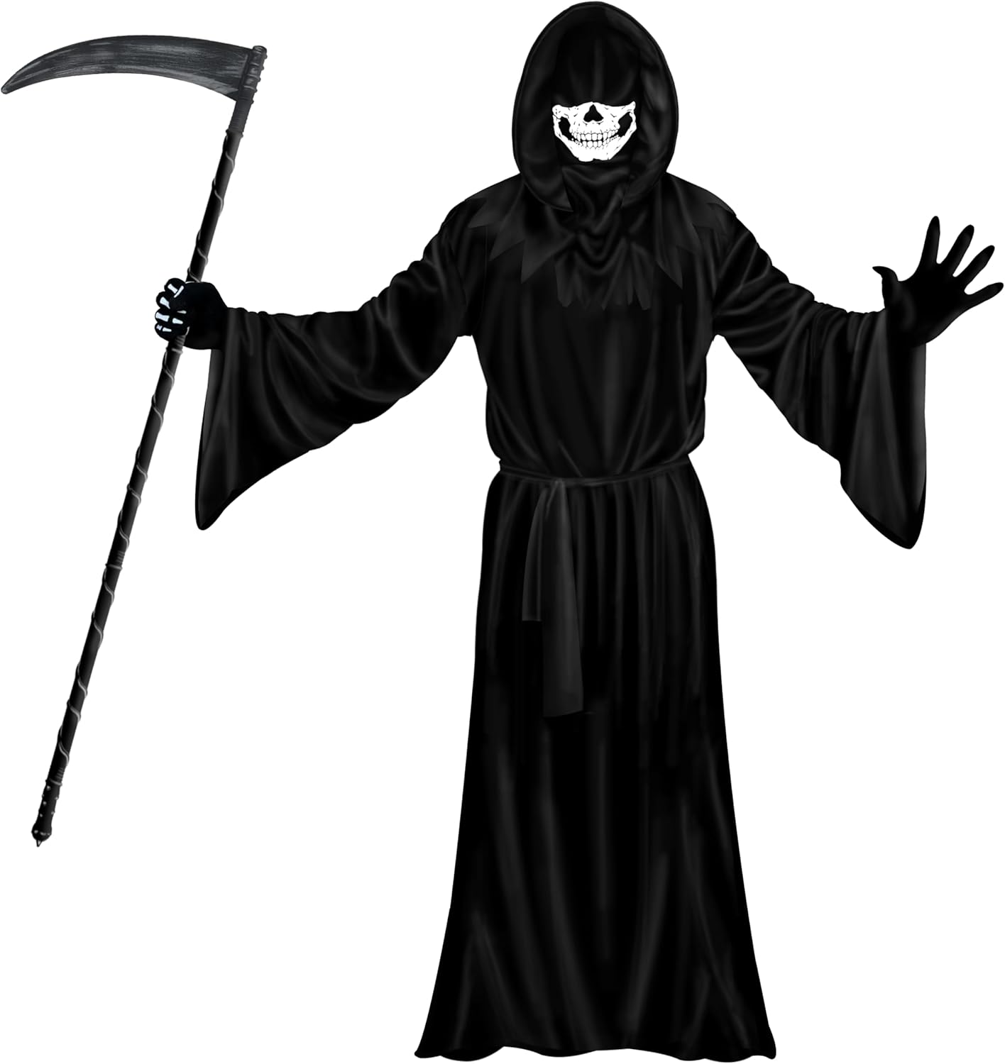 Grim Reaper Costume Set for Mens & Adults, Halloween Scary Ghost Phantom Cosplay Masquerade Tunic Robe with Scythe & Gloves & Hood for Age 14+