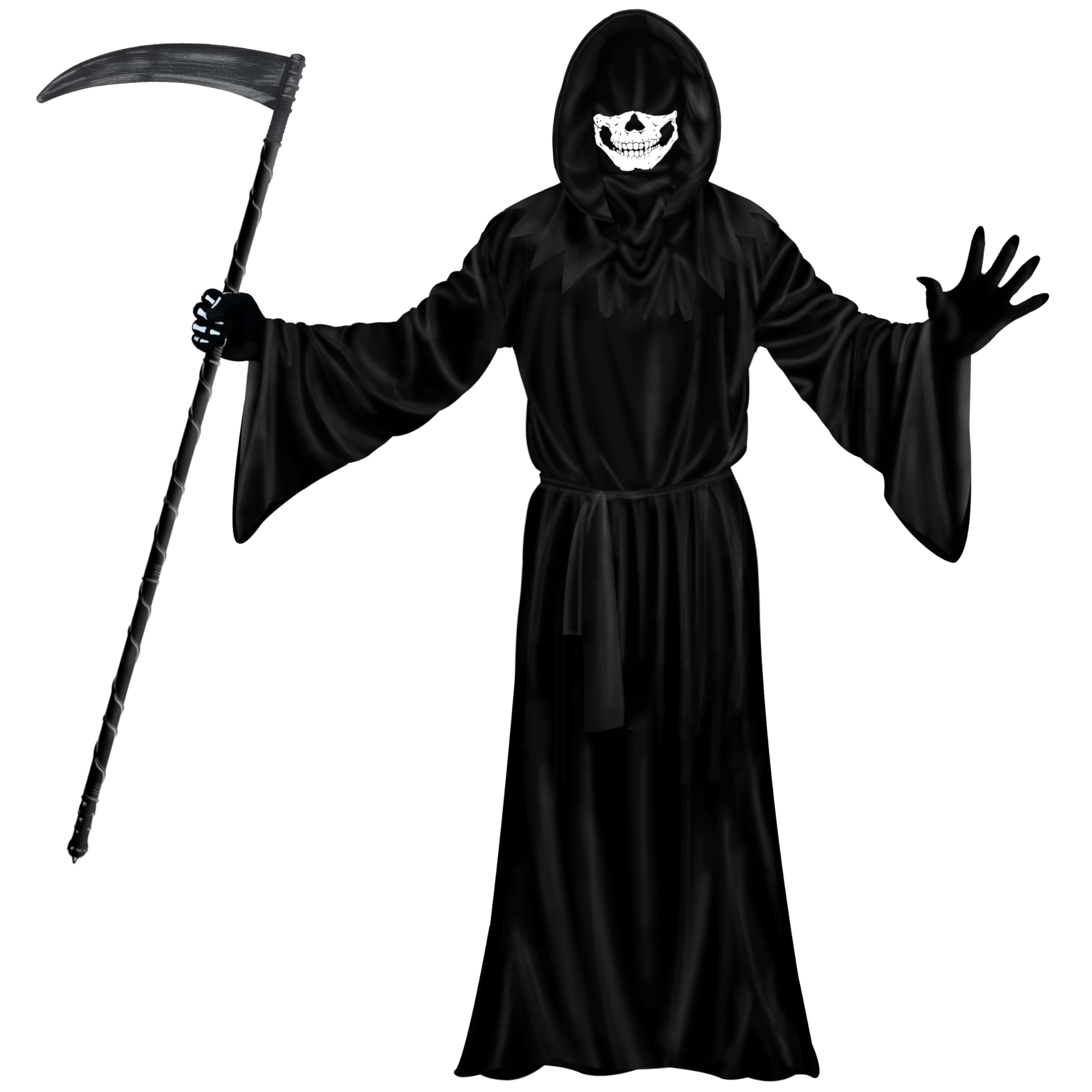 A-SZCXTOP Grim Reaper Costumes Set for Mens & Adults, Halloween Scary Ghost Phantom Cosplay Masquerade Tunic Costume with Scythe & Gloves & Hood (Black, 150cm / 59" for ages 14+)