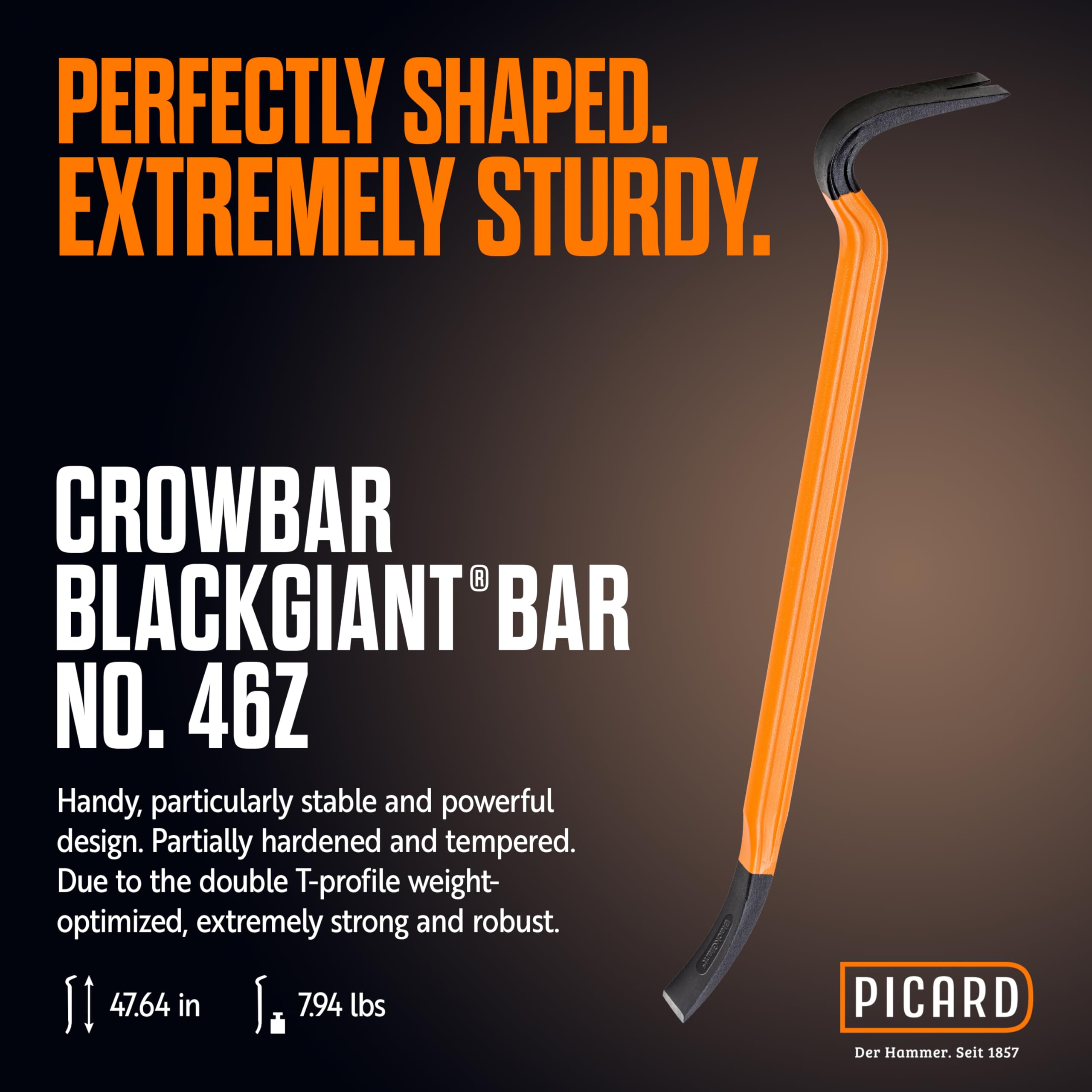 PICARD Leva chiodi BlackGiant® Bar, No. 46Z, 121 cm | Palanchino professionale in acciaio forgiato | Piede di porco compatto e ultra resistente per uso intensivo