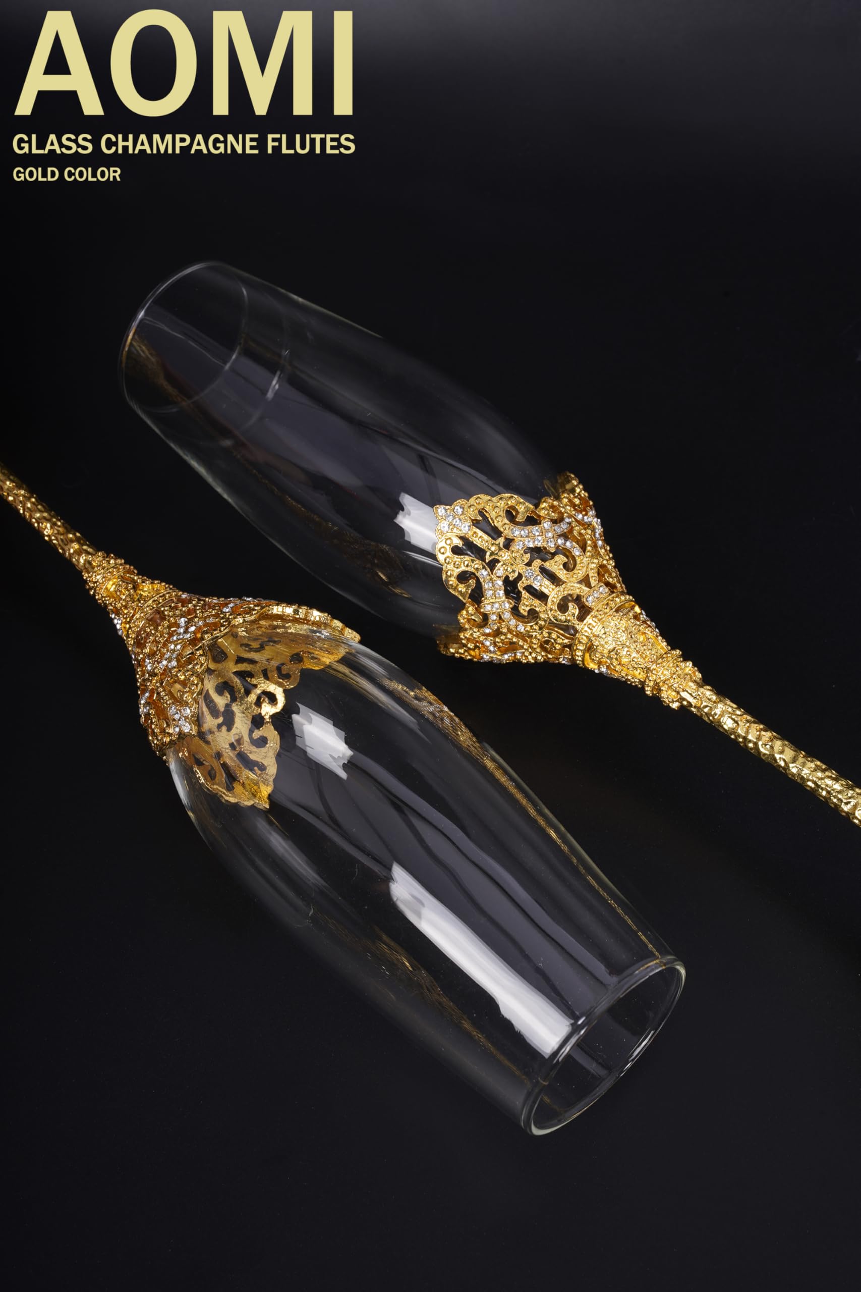 AOMI Copas de champán de boda de cristal de lujo, juego de copas de champán con tachuelas doradas de 7 onzas, elegante par de flauta grabada con caja de regalo, perfecto para bodas, aniversarios y