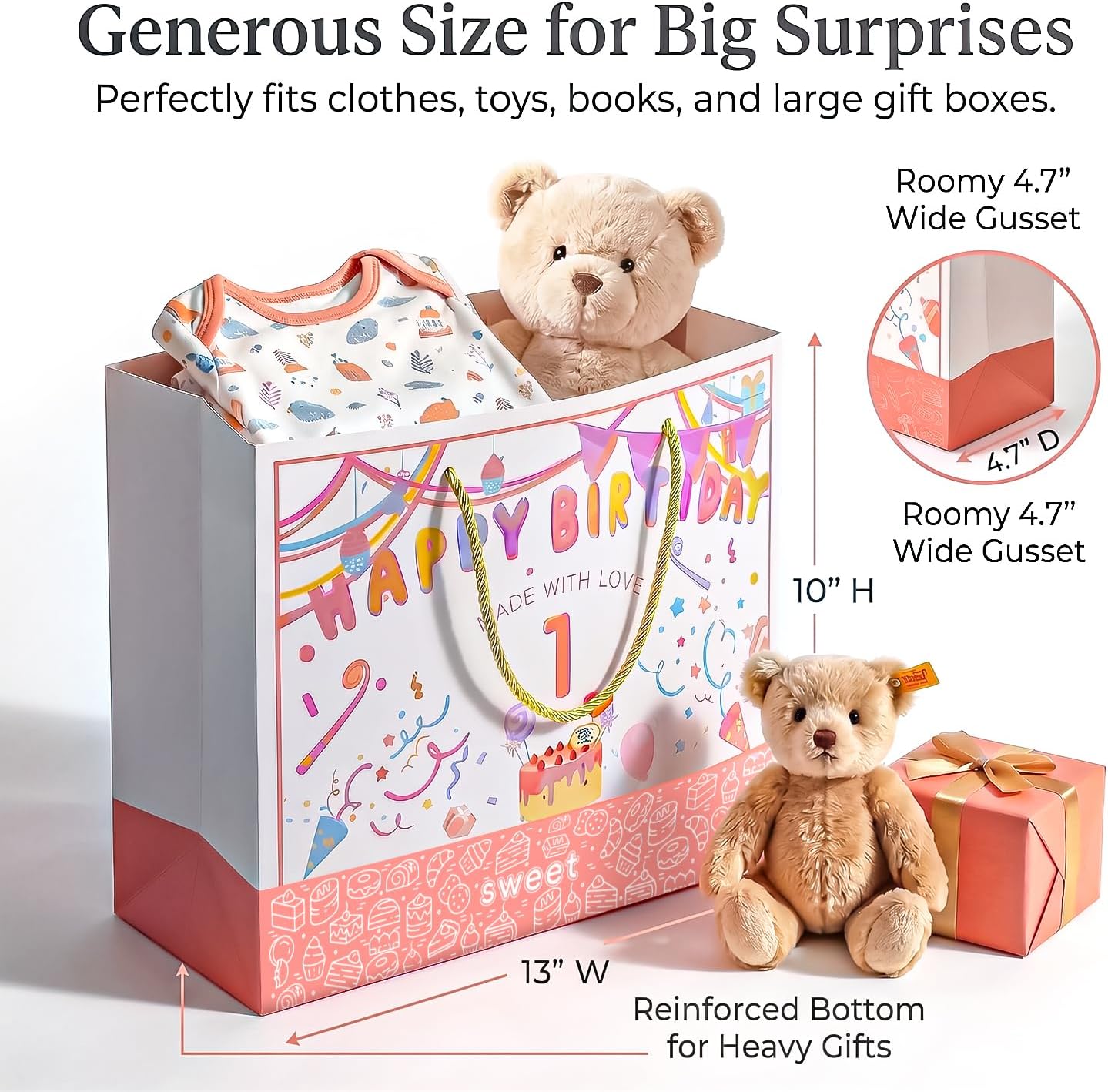 BOPLYBAY 1st Birthday Gift Bag for Girls with Greeting Card & Tissue Paper - Large 13" Pink Age 1 Birthday Party Favor Bag, Luxury Gift Wrapping Set for One Year Old Baby Girl (Age 1) image 2