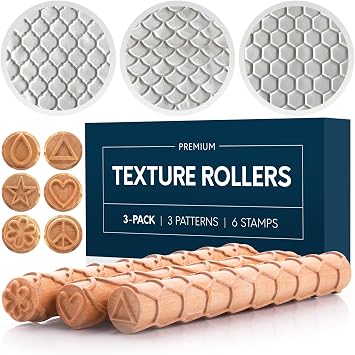 Byllstore Extra Large Clay Texture Rollers with Pottery Stamps | 3 Texture Rollers | 6 Clay Stamps | 3-Pack 9" x 1.2", 3 Pack