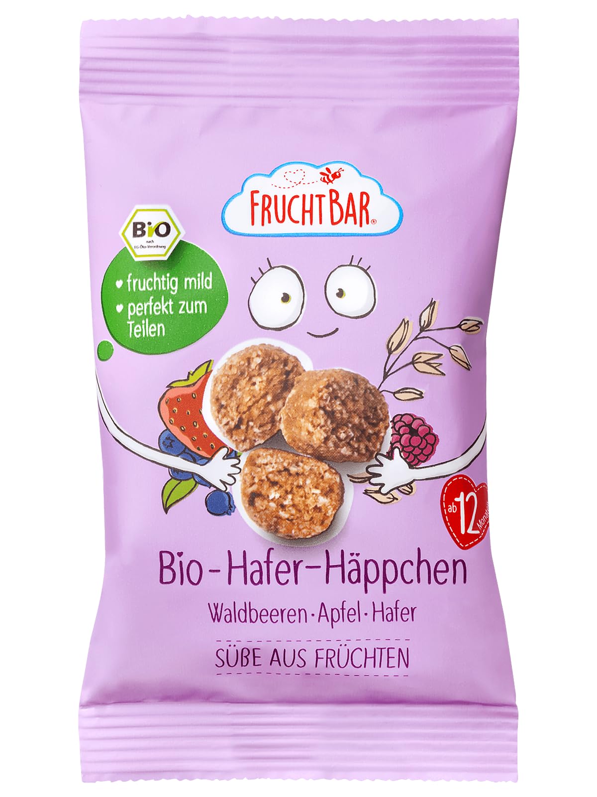 FruchtBar Bio Hafer Häppchen mit Waldbeeren, Apfel, Hafer, 30er Vorratsset, zuckerfreier Kinder-Snack, für Babys ab 12 Monaten & Kinder, 30x 40g