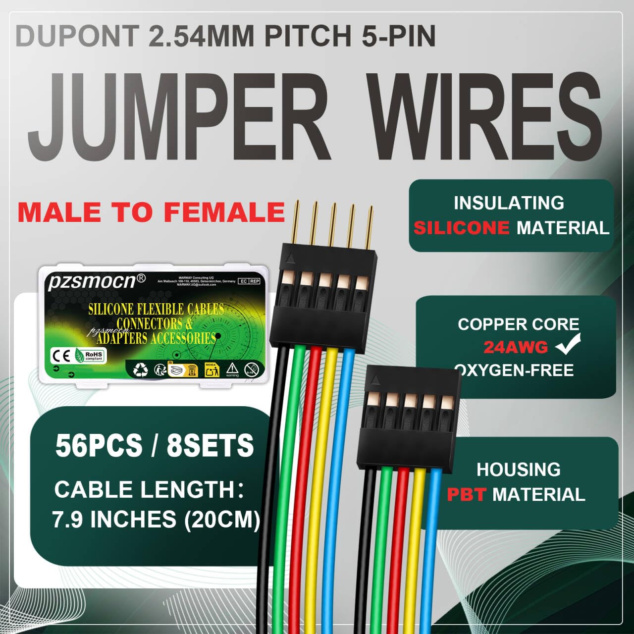Flessibile Silicone Breadboard Cavetti Jumper Filo Wire 24AWG Cavi 20cm 8 Set/56 Pezzi per Connettore Dupont Passo 2,54 mm 5 Pin Nero Maschio-Femmina Testata Adattatore Cavo a Nastro