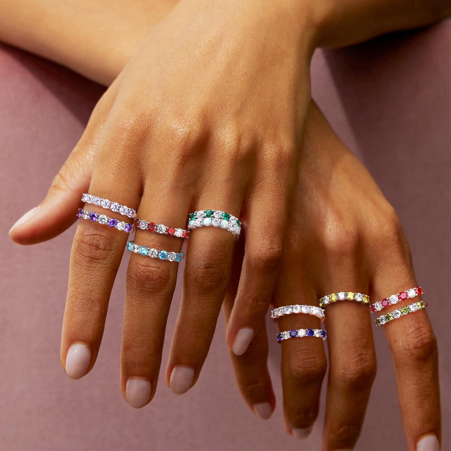 3.5mm Stackable Rings S925 Sterling Silver Created Birthstone & Cubic Zirconia Ring for Women Wedding Bands Anniversary Birthday Jewelry Size 6 to 10(with Box) - Image 6