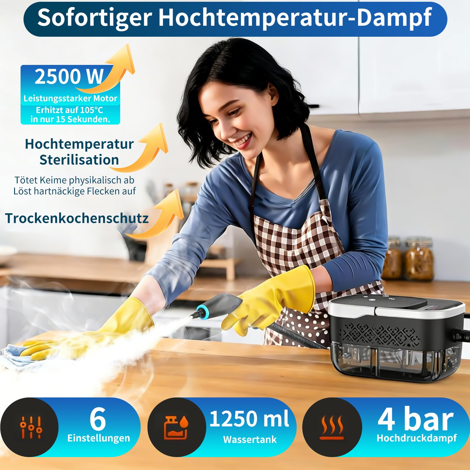 Dampfreiniger Handgerät, 2500W Handdampfreiniger, 8 Düsen, 6 Dampfstufen, 1250 ML Tank, 105℃ Hochtemperatur, 4 BAR Hochdruck, 15S Heizzeit, Tragbarer Dampfreiniger für Auto Küche Bad Polster BBQ